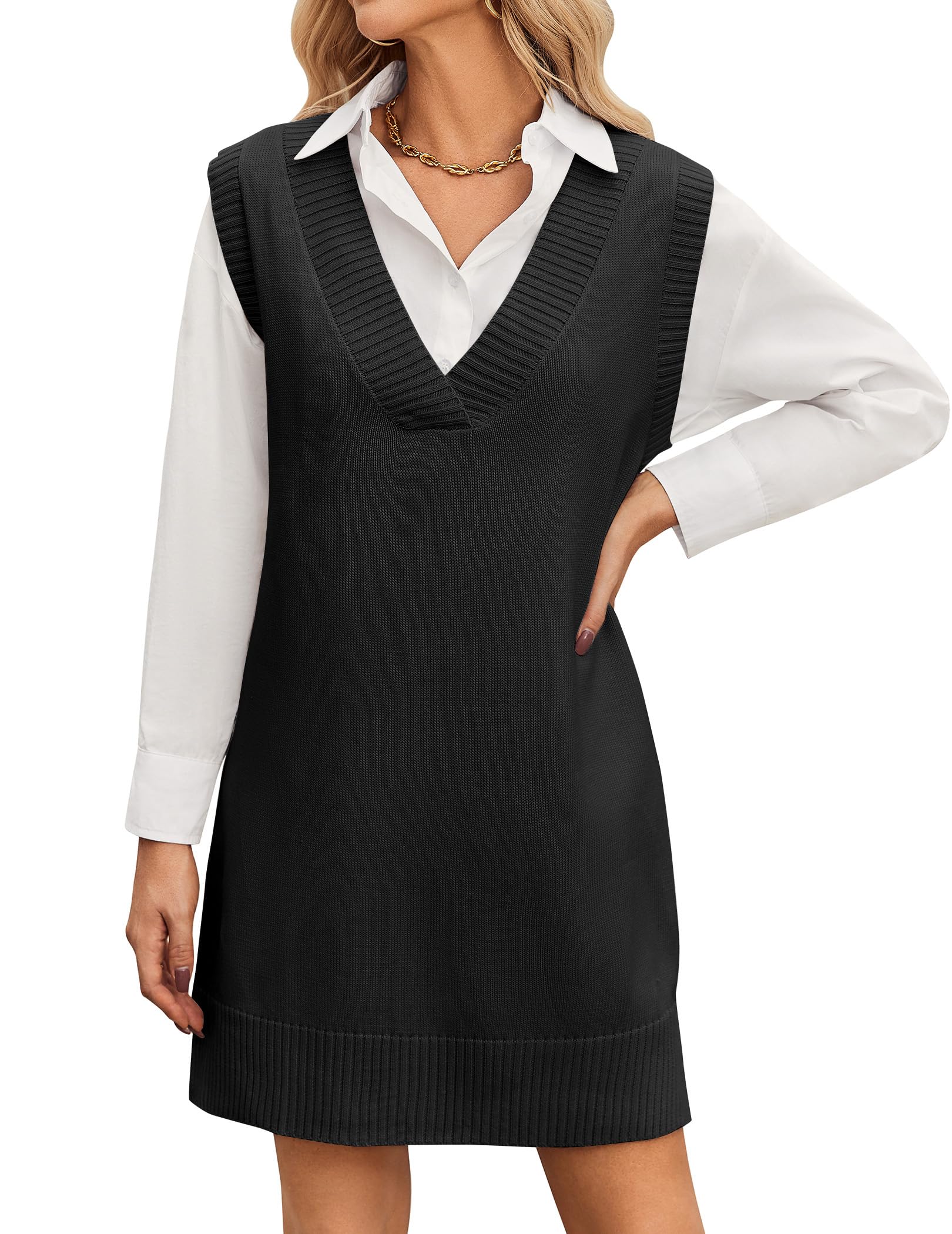 Zeagoo Strickkleid Damen Ärmellos V-Ausschnitt Pullunderkleid Strick Weste Kleid über Bluse Elegant Herbst Winter Outfit Weiches Pulloverkleid Modisches Layering Kleider