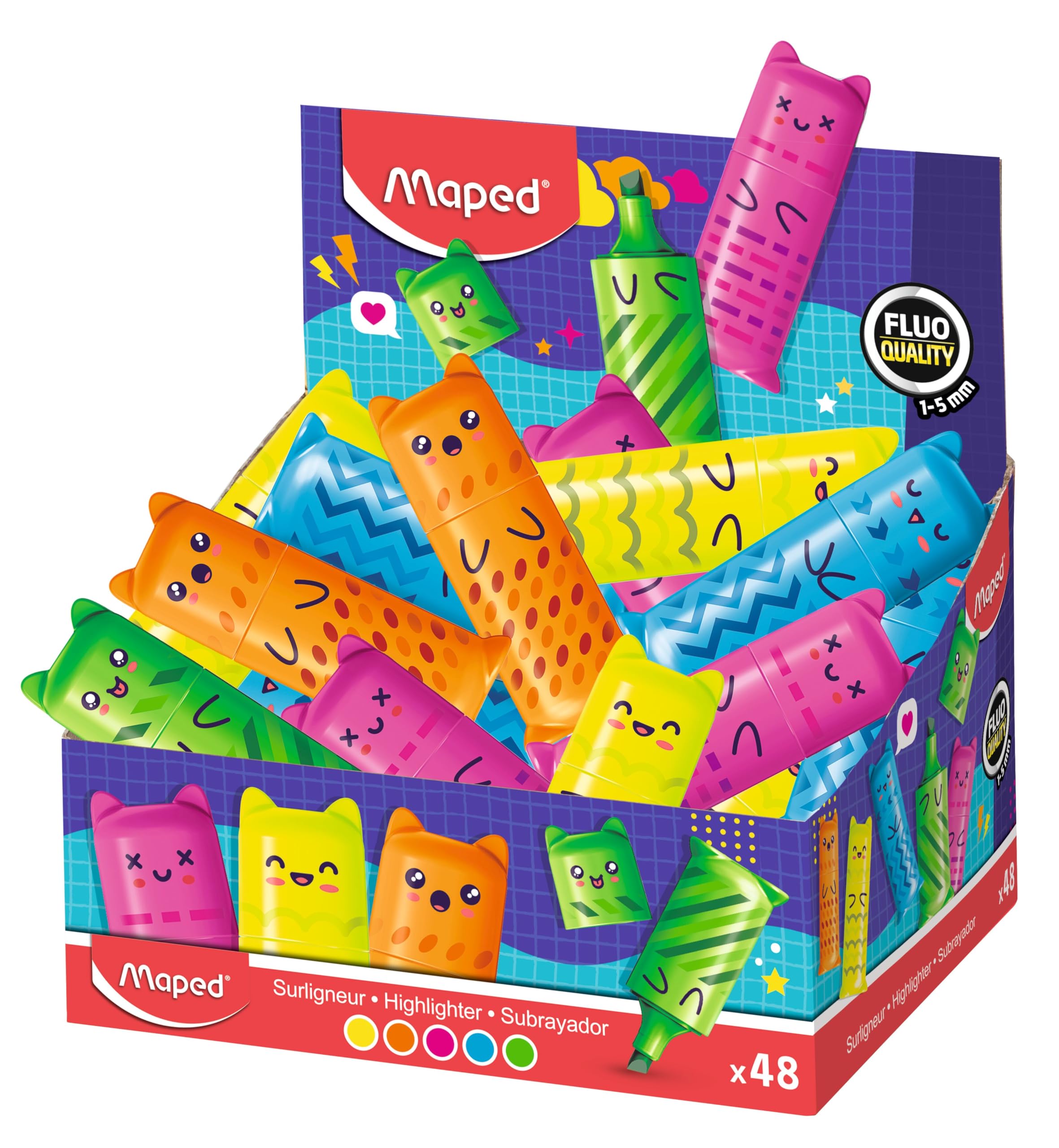 Maped - Mini-Neon-Textmarker – kompaktes Format und Kawaii-Charaktere – 5 auffällige Farben: Gelb, Orange, Pink, Grün und Blau