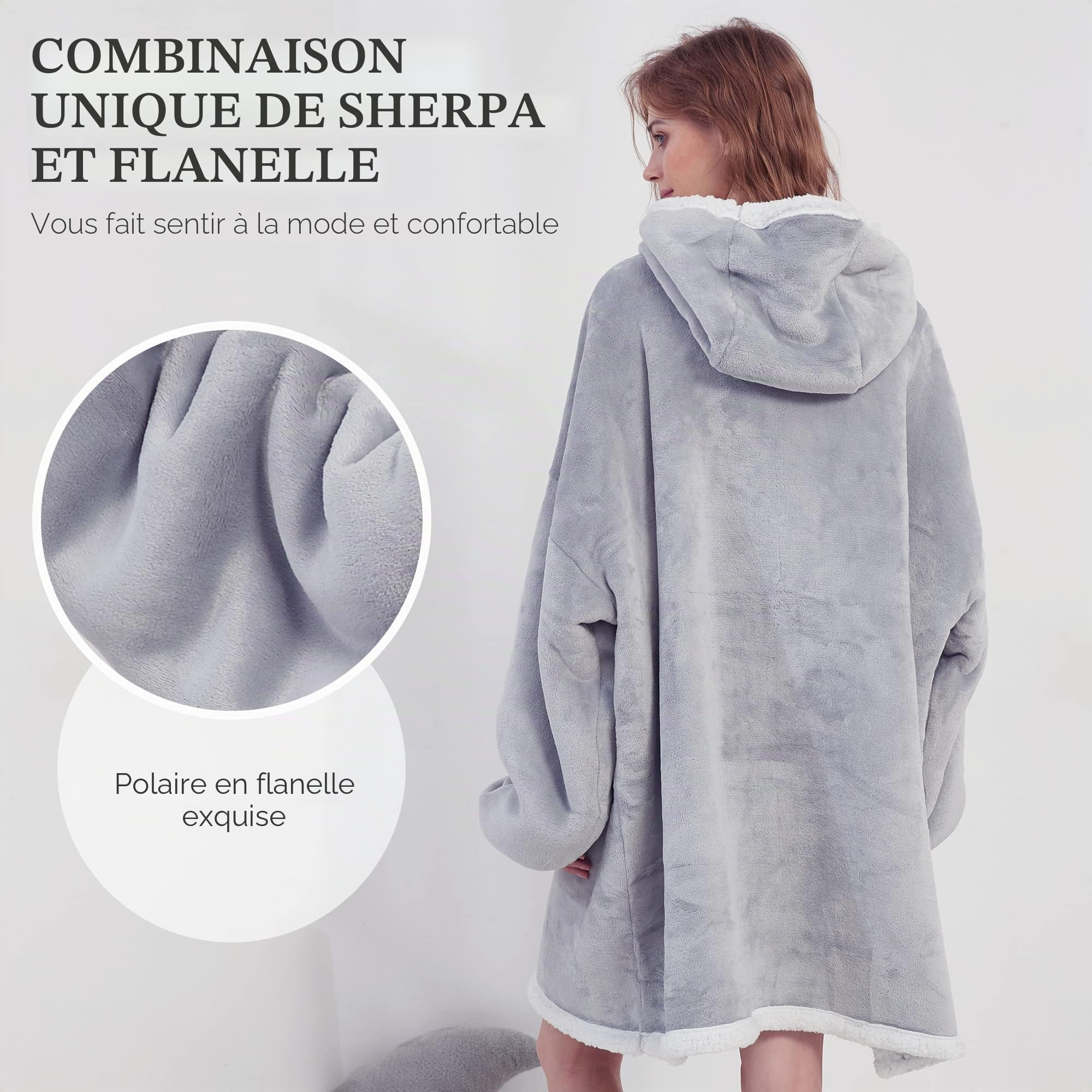 Viviland Sweat à capuche en sherpa doux et chaud avec grande poche frontale - pour adulte - parfait pour une soirée télé - gris - adulte
