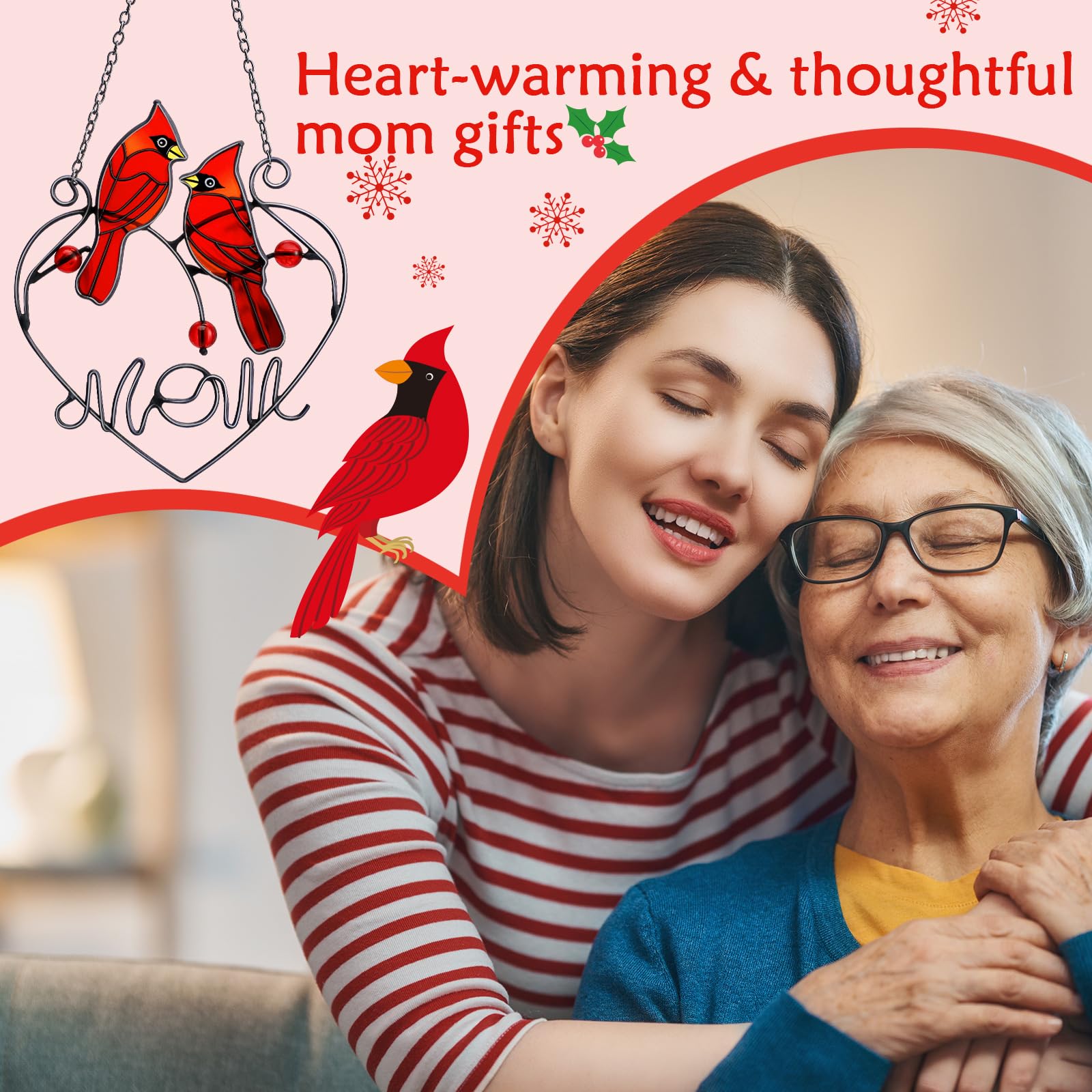 Pasimy Cardinal Gifts Mothers Day Red Cardinal Stained Glass Bird Suncatcher for Women Memorial Gifts for Loss of Loved One Sympathy Hanging Ornament with Metal Chain for Window Front Door Wall