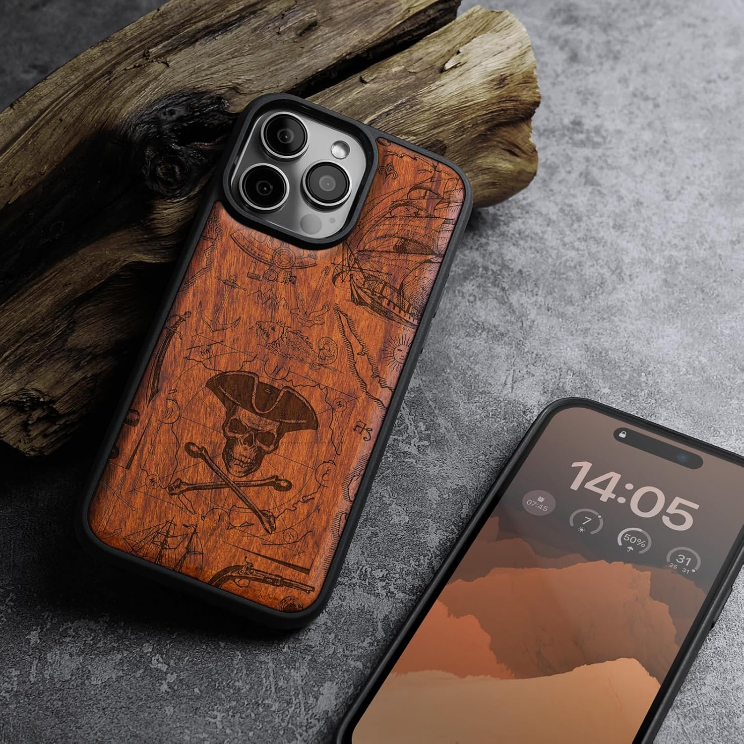 Carveit Magnetic Wooden Case for iPhone 16 Pro Max Case, Wood Artisan Engraved & Black Soft TPU Shockproof Cover, Compatible with MagSafe Wireless Chargers (Pirate Flag) Rosy