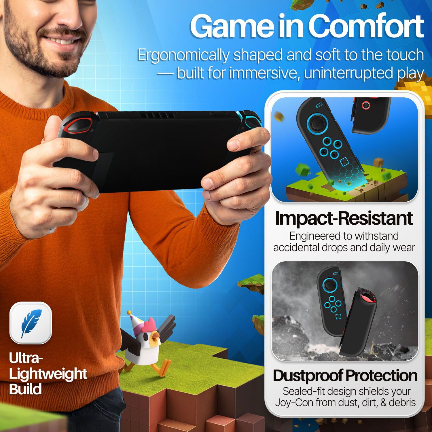 TNP Joy-Con Silicone Covers for Nintendo Switch and OLED, Black, 1 Pair | Matching Thumb Grip Caps Included; Soft Anti-Slip Silicone Improves Grip, with Precise Cutouts for Buttons and Triggers