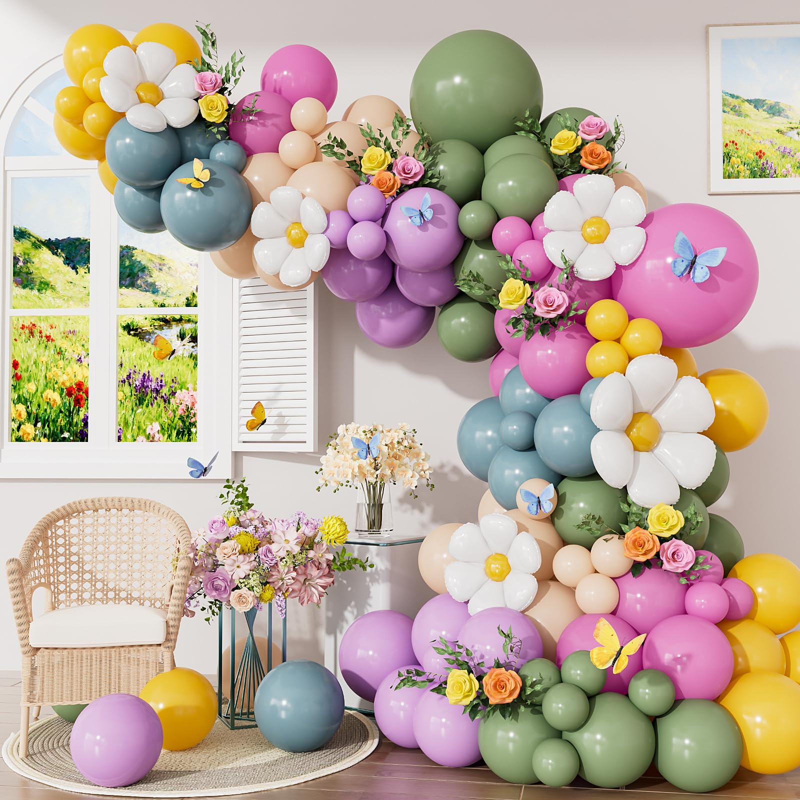 Adeyoo Daisy Balloons Arch Kit Garland - 152Pcs Pastel Balloon Arch with Daisy Foil Balloon, Colourful Fairy Balloons for Birthday Spring Baby Shower Wedding Easter Theme Party Decorations — image 1