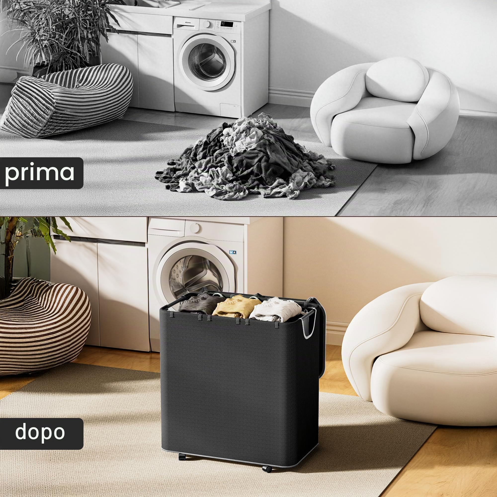 LAMU Cesto portabiancheria a 3 scomparti, cesto portabiancheria da 180 l, con coperchio, 3 scomparti e 6 sacchetti per la biancheria, rimovibile, montaggio rapido, per bagno, camera da letto