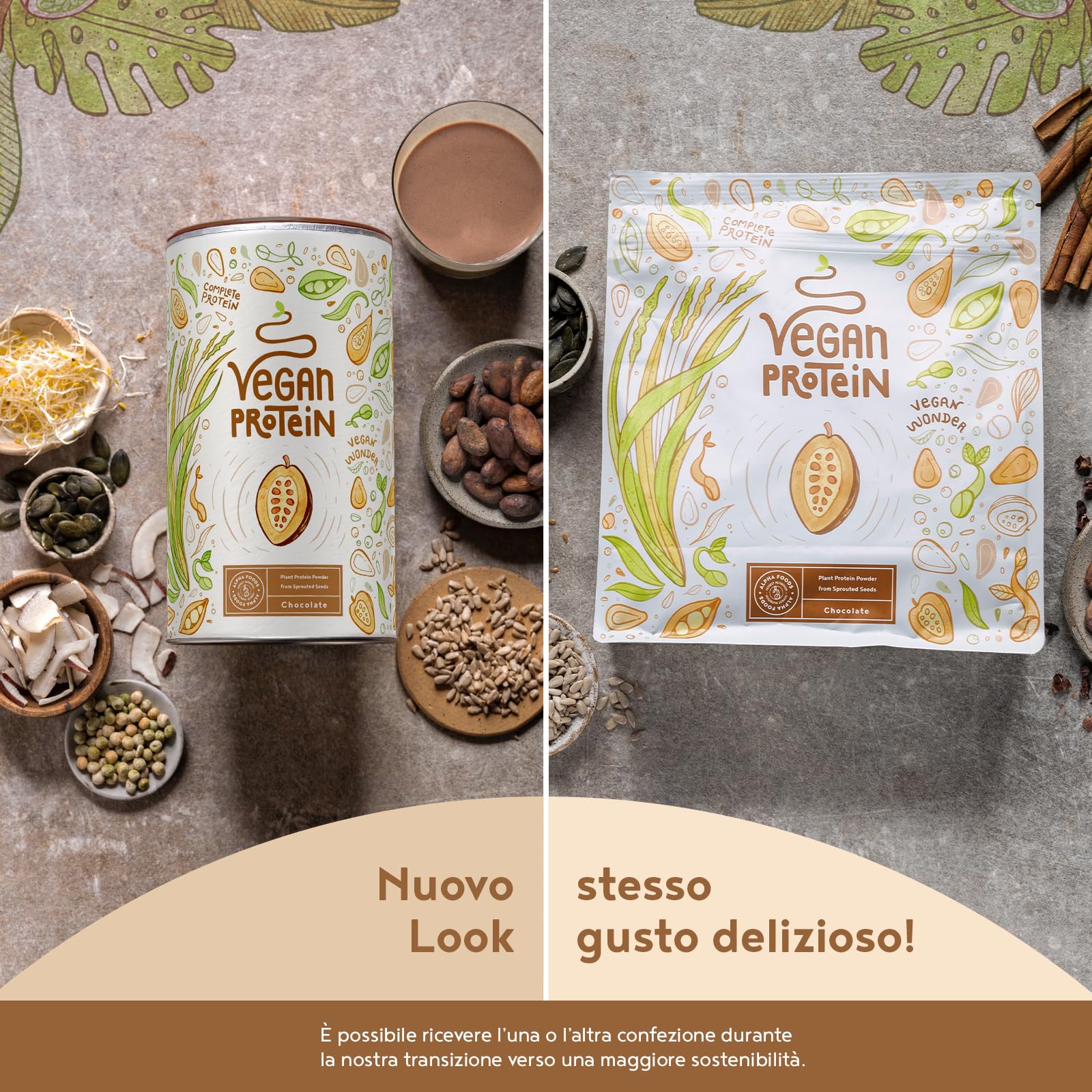 Proteine in Polvere Vegane | Gusto Cioccolato | 21g Proteine Vegetali Isolate di Pisello, Riso, Girasole e Soia | Massa Muscolare | 1.2kg Vegan Protein Powder | Alpha Foods