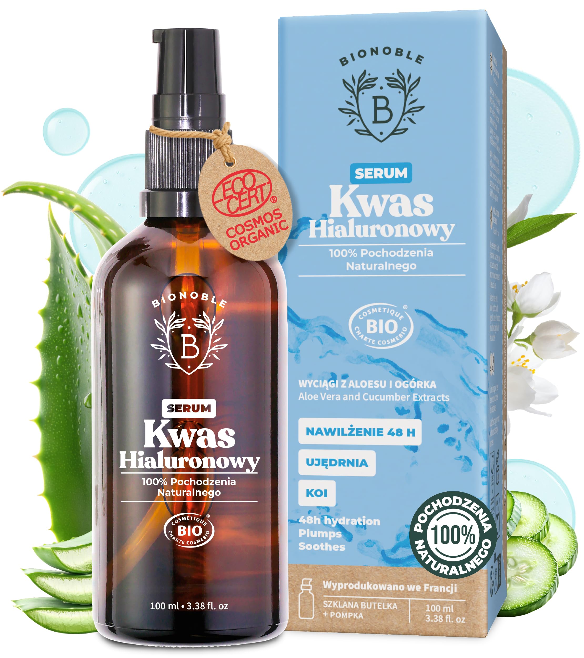 BIONOBLE Serum do Twarzy z Kwasem Hialuronowym Certyfikowane Bio - Nawilżająca Pielęgnacja Przeciwstarzeniowa z Aloesem - Szklana Butelka z Pompka - Wyprodukowano we Francji - 100ml