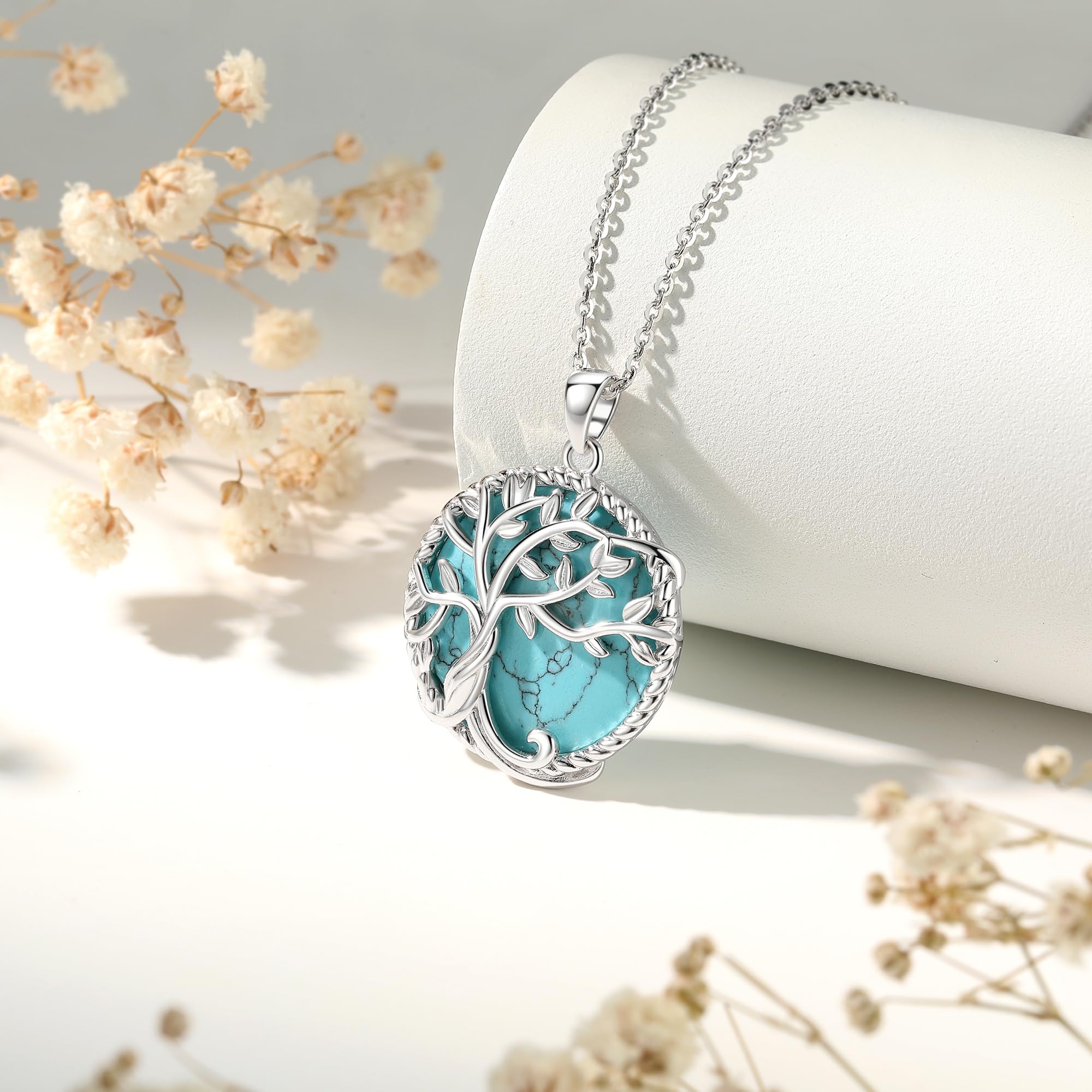 Carleen Türkis Baum des Lebens Kette aus 925 Sterling Silber Lebensbaum Türkis Anhänger Halskette Einfach Minimalistisch Geschenk Schmuck für Damen Mädchen - Verstellbar Armkette: 40 + 5 cm