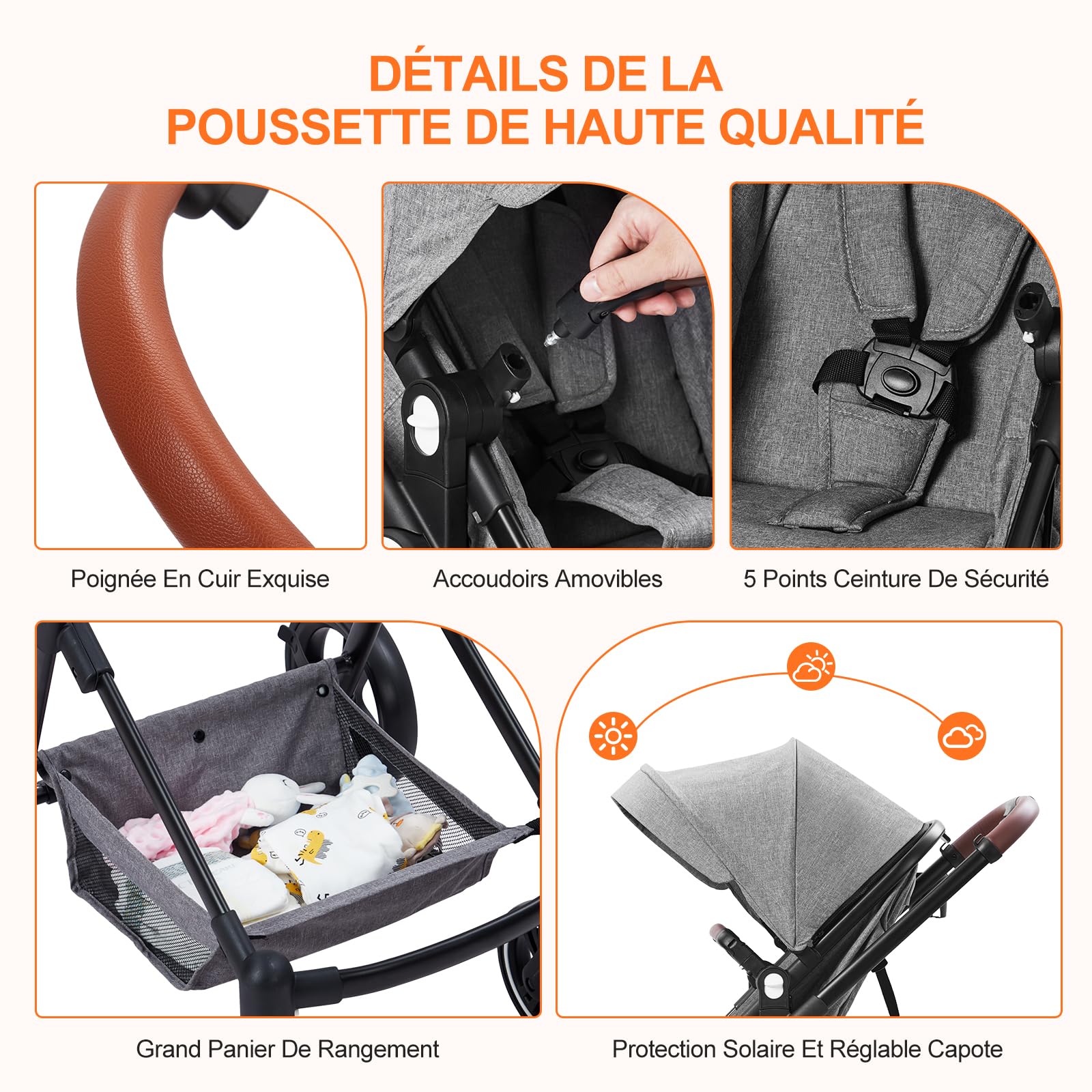 Poussette 2 En 1, Poussette Combinée Compacte Légère Pliable Avec Siège Inclinable, Landau Réglable, Poussette Bébé Confort Tout Terrain Haut Paysage, 0-3 Ans