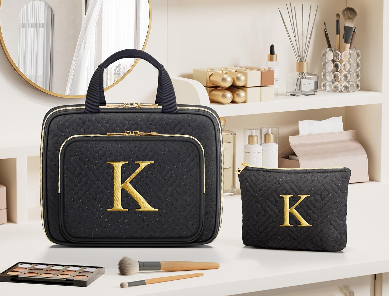 Gifts for Women, Initial Toiletry Makeup Bag Hanging Cosmetic Organizer with Embroidery Letter Personalized Nurse Teacher Appreciation Birthday Valentines Day Gifts for Mom Sister Wife Friends Auntie - Image 9