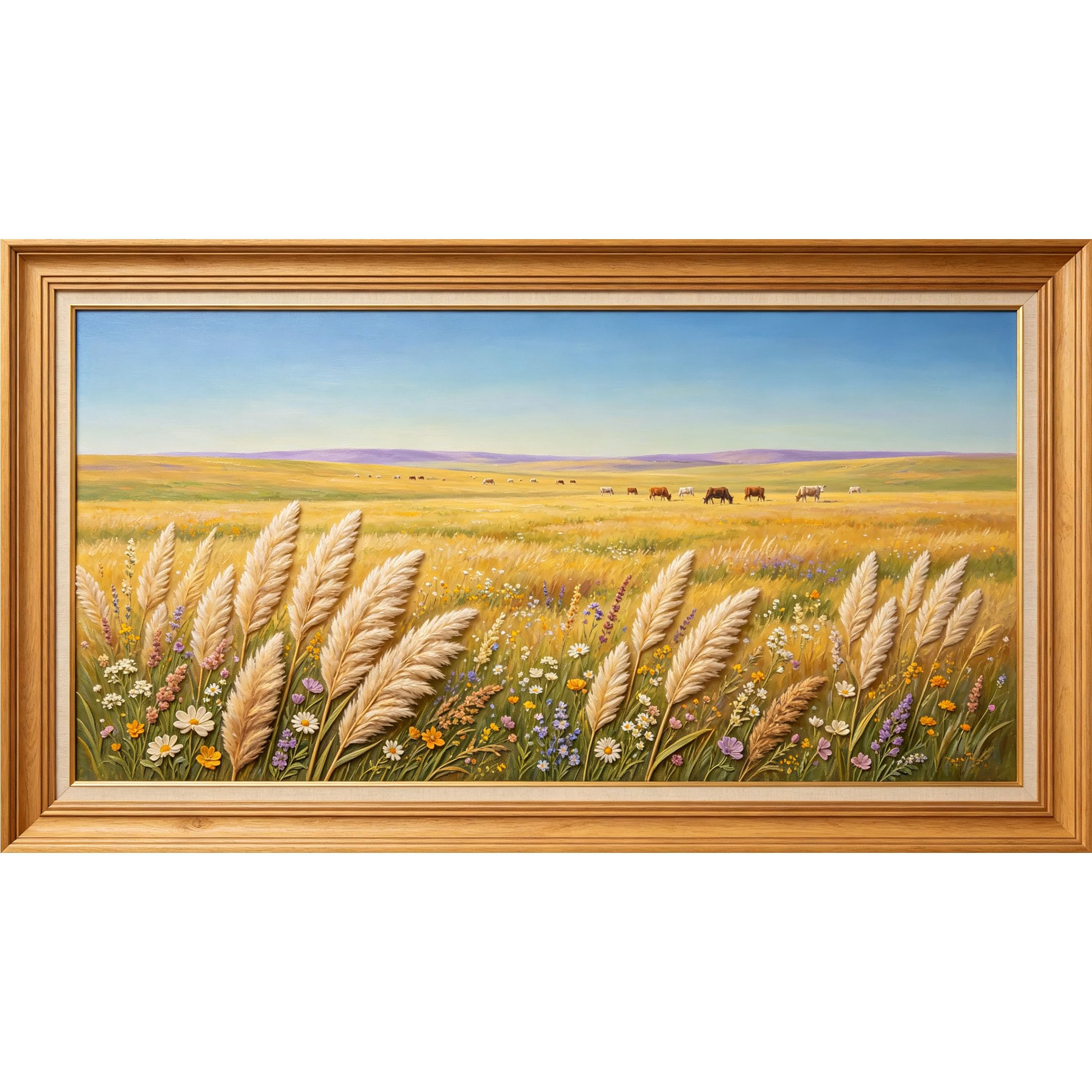 QZLITHOTIC 50×100cm 3D Framed Wall Art， Botanical Meadow Landscape with Pampas Grass and Wildflowers Self?Adhesive Mural， Water?Activated Peel & Stick Fabric Decor Wall Decal for Bedroom Living Room
