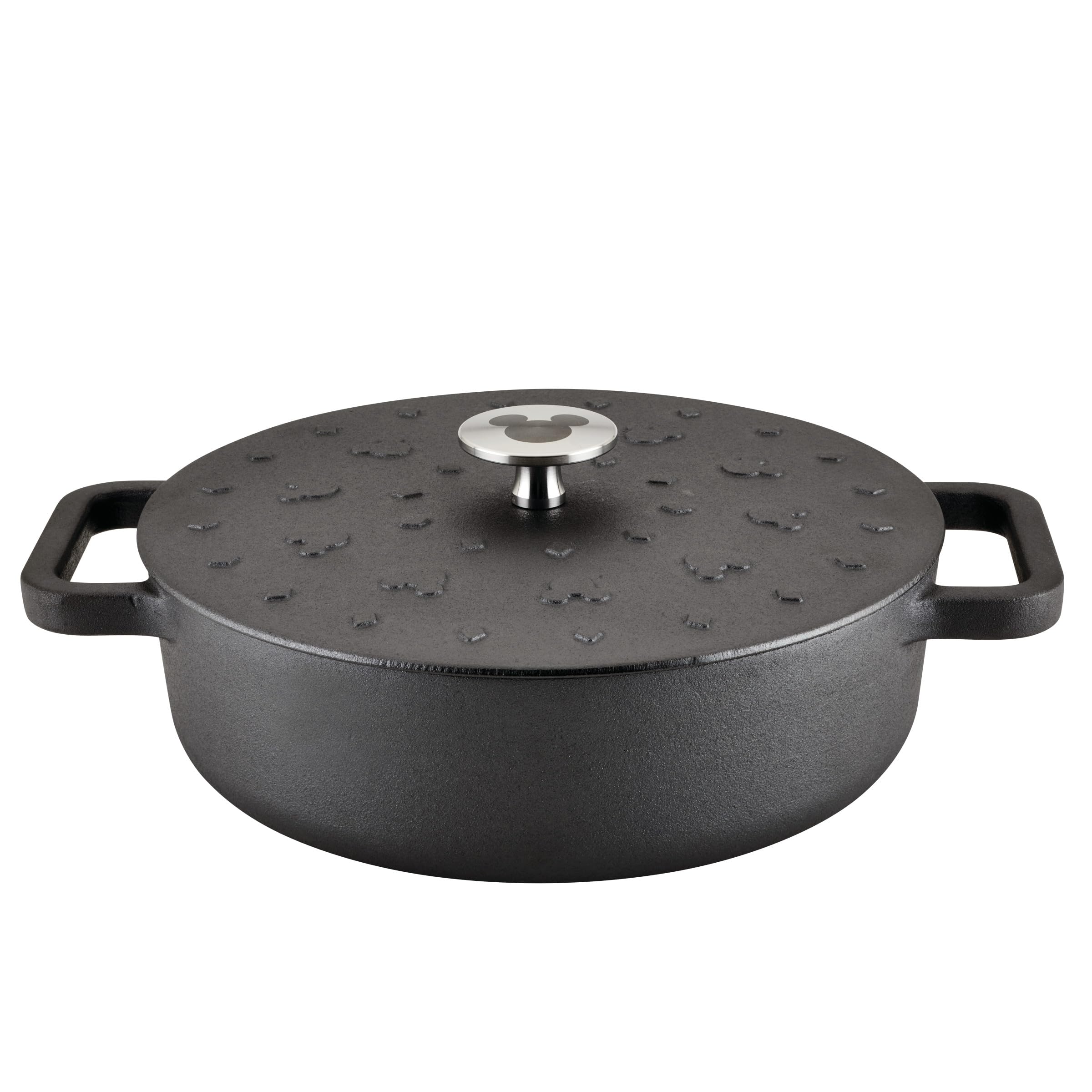 Farberware Disney Monochrome Pre Seasoned Cast Iron Shallow Casserole Pan with Lid, 3 Quart - Black