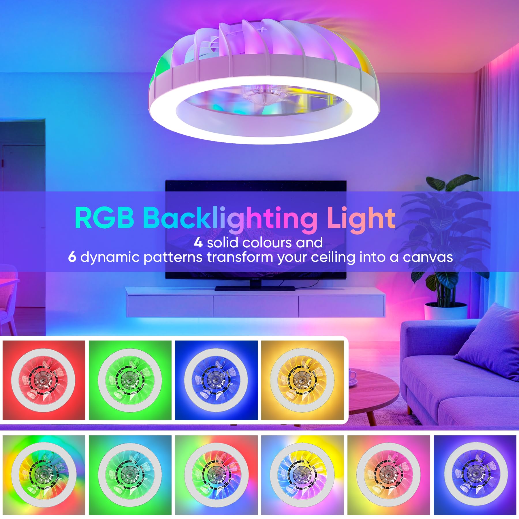 46cm Ventilatore da Soffitto con Luce e Telecomando, 6 Velocità Silenzioso Lampadario con Ventilatore da Soffitto, Timer, 3000k-6500k & RGB Plafoniera Ventilatore per Camera da Letto Soggiorno