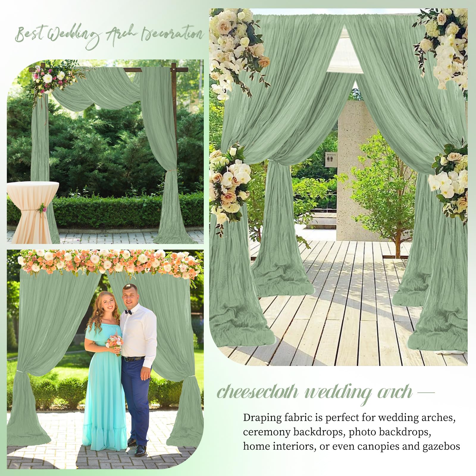 Vorhangstoff für Hochzeitsbögen, 4 Paneele, 6 m, Salbeigrün, Seihtuch, Stoff, Vorhang, Laube für Hochzeit, Seihtuch, Hintergrund, Vorhänge für Zeremonie, Party, Decke