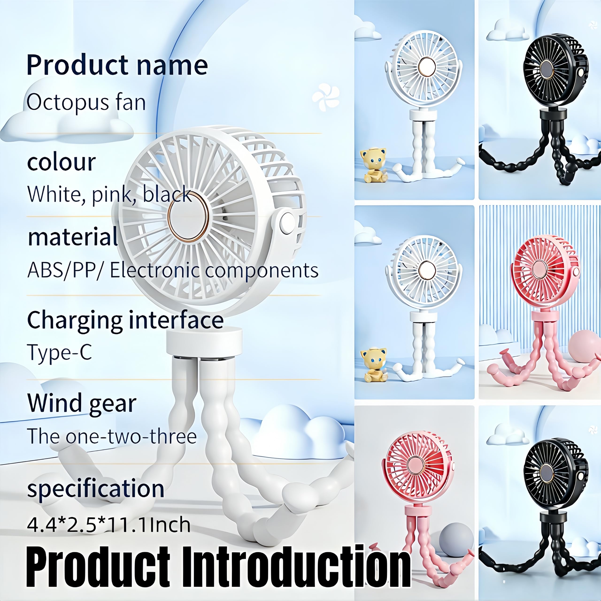 Ventilateur USB portable multi-scène, ventilateur flexible avec ventouse et fonction de suspension, 3 vitesses et rotation à 360° pour poussette, table, mur, voiture (noir)