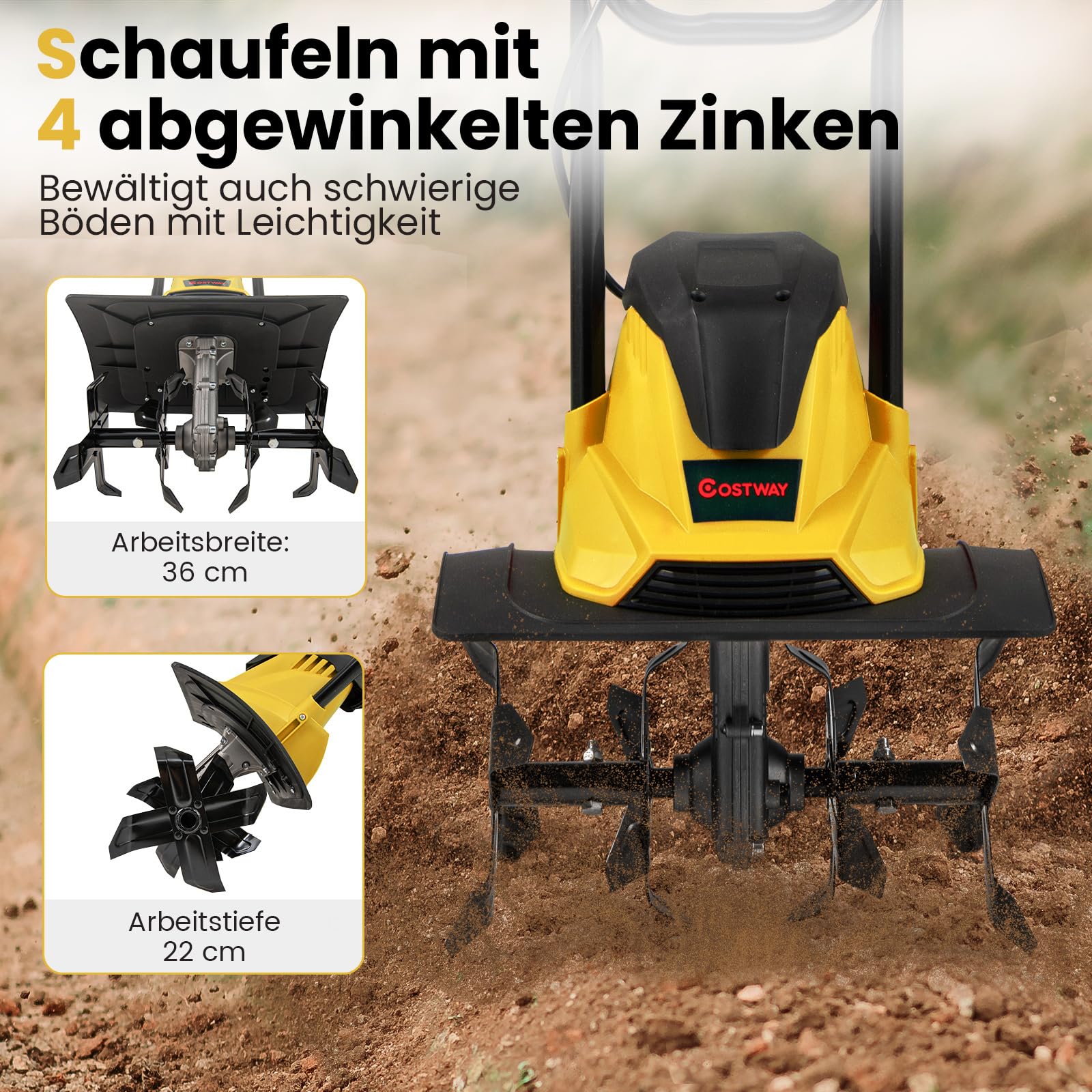 COSTWAY Motyka elektryczna, 1200 W, szerokość robocza 36 cm, głębokość robocza 22 cm, 380 obr./min, elektryczna glebogryzarka z wyłącznikiem ochronnym i uchwytem, składana frezarka ogrodowa (36,5 x 24