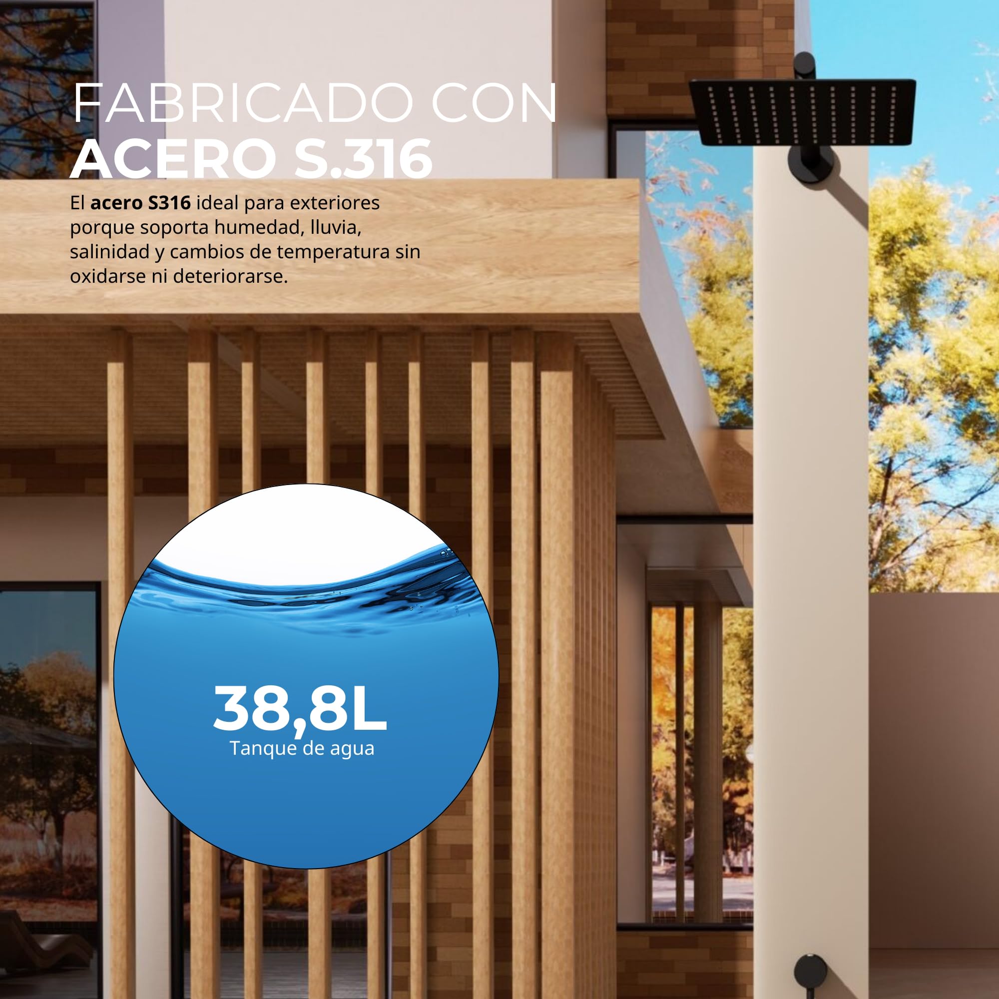 NOLUXA IMEX - Douche Piscine Extérieure Acier S.316 avec Réservoir Eau Chaude 36,8L | Encastrée Sol Jardin/Piscine/Terrasse | Robinetterie 1 Voie (Eau Froide + Chauffée) et Traitement Anticorrosion