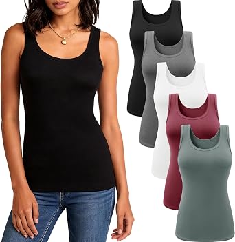 5 Pack Tank Tops for Women Scoop Neck Sleeveless Basic Undershirts | Soft Stretch Ribbed Fabric, Wide Straps, Fitted Layering Top, No Built-in Bra, Daily, Casual Going Out Wear, Summer Clothing