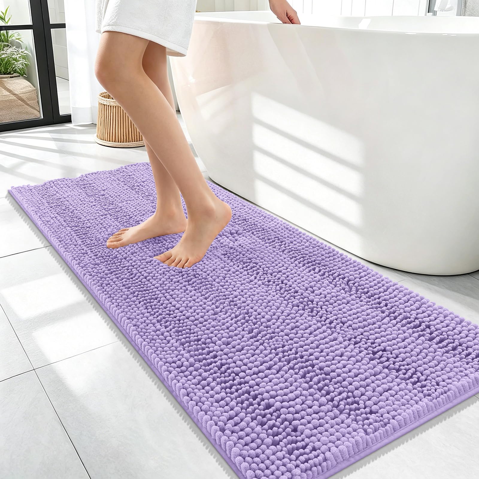 OLANLY Thick Bathroom Runner Rugs 47x17, Soft Chenille Bath Rugs, Lavender
