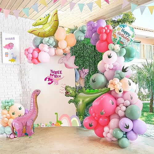 Kit de guirnalda de globos de dinosaurio rosa, 150 globos de color rosa pastel, verde, morado, globo de dinosaurio de aluminio y calcomanía de