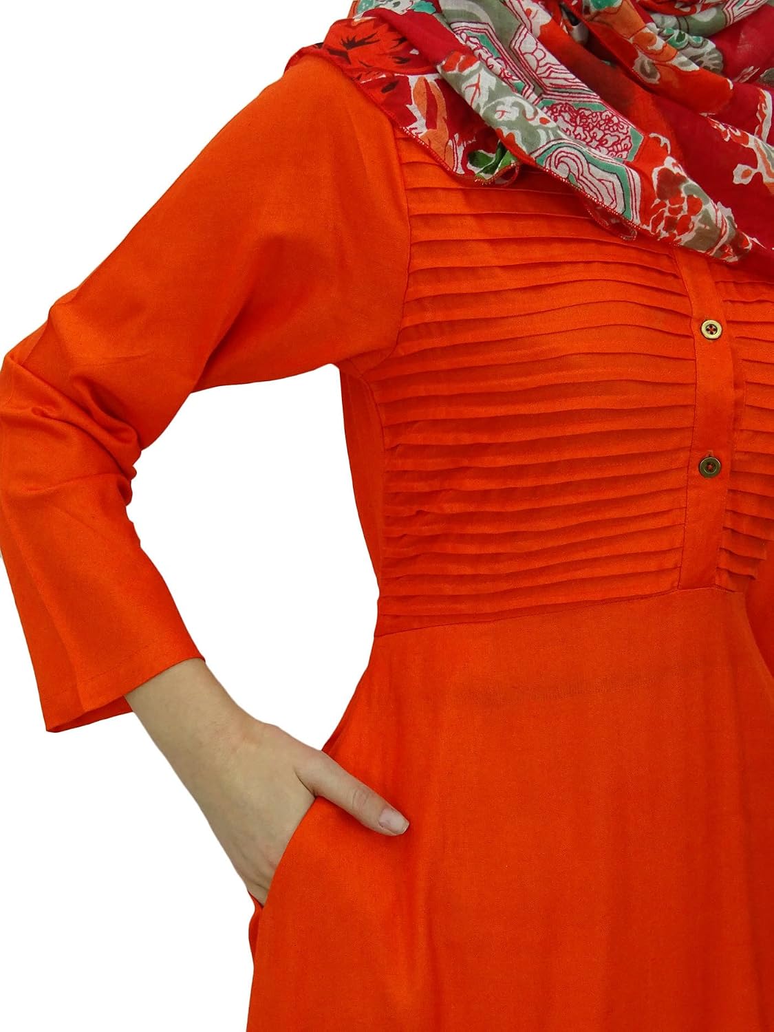 Bimba Women's Long Sleeve Muslim Islamic Abayas Pleated Maxi Jilbab with Hijab Orange