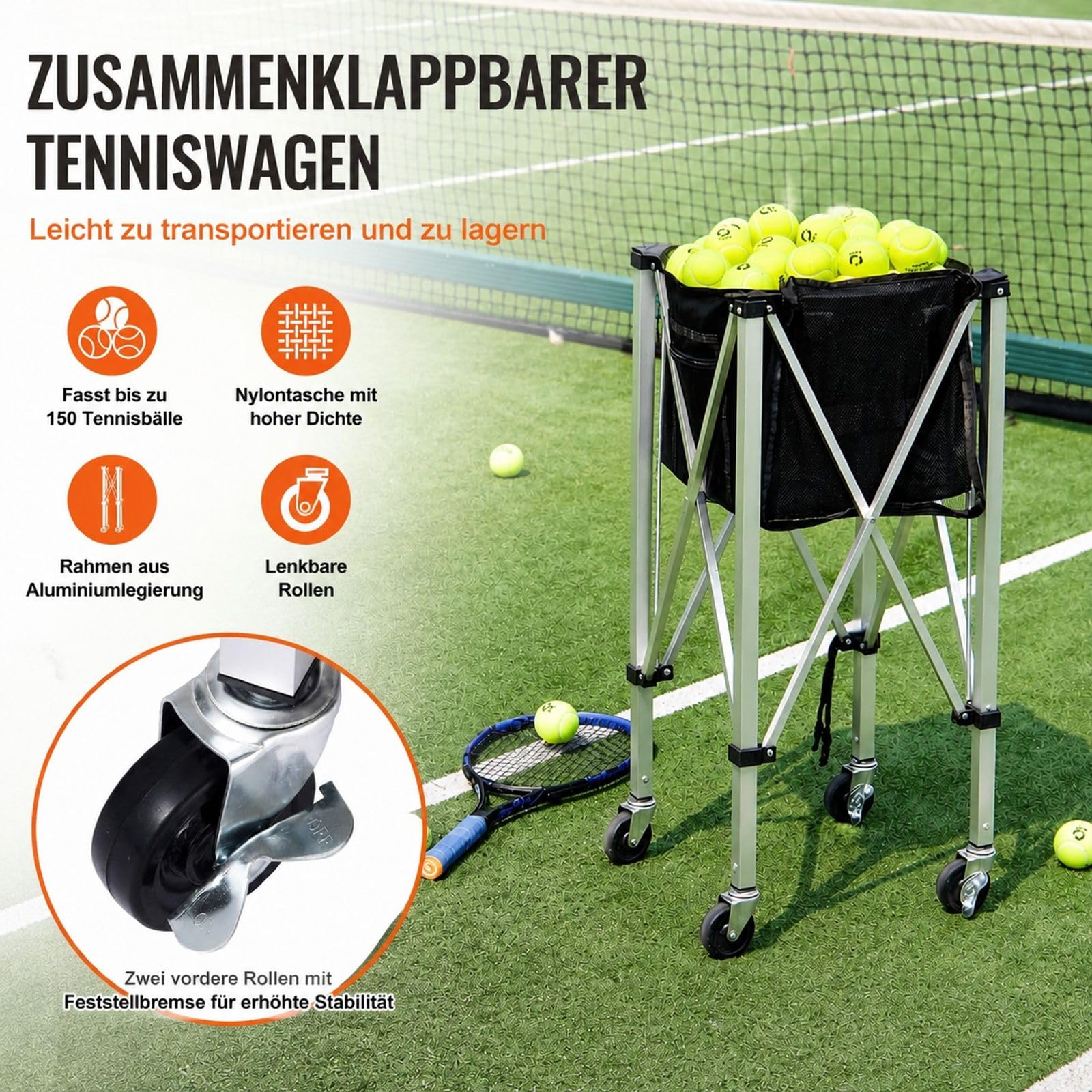 Tennisballwagen mit Rädern, Korb für 150 Bälle, Faltbare Struktur für Tennistraining