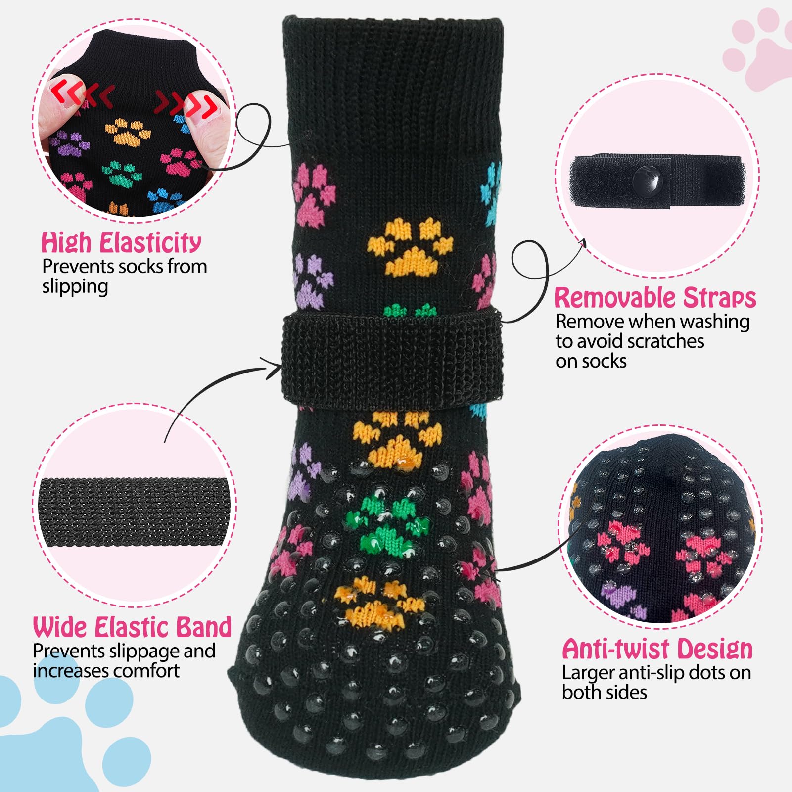 SCENEREAL Lot de 4 paires de chaussettes antidérapantes pour chiens de petite, moyenne et grande taille, protections de pattes avec pinces pour chiens âgés, chaussures pour chiens pour sols en bois