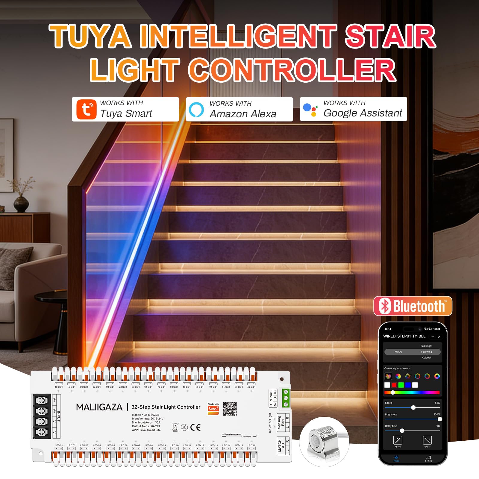 Tuya Contrôleur d'éclairage d'escalier avec détecteur de mouvement, commande LED à 32 niveaux, application Bluetooth compatible avec Alexa Google Home, lumière de course SPI RVB et bande LED 12 V 24 V