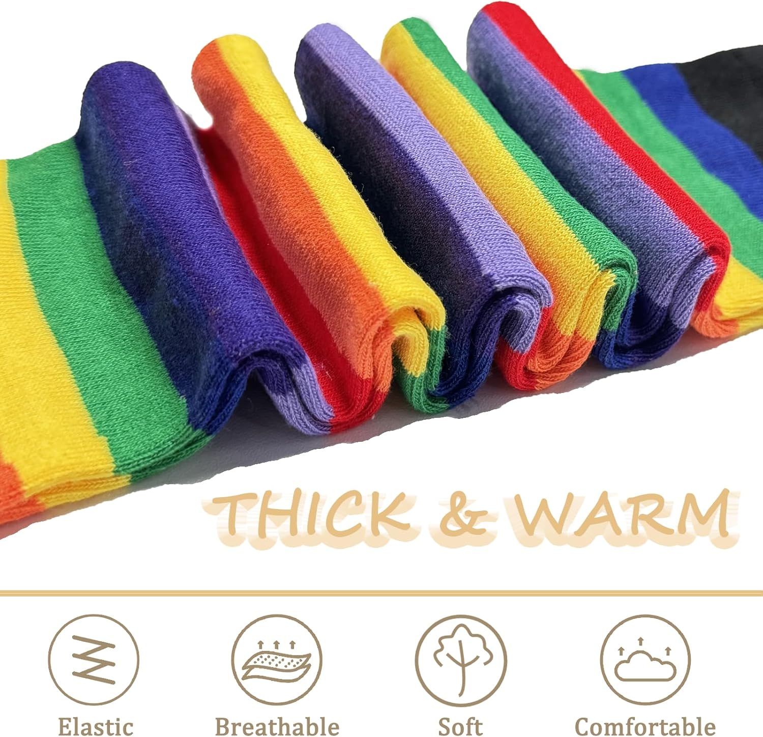 Chalier Womens Rainbow Socks Striped Knee High Socks Arm Warmer Fingerless Gloves Set - Image 4
