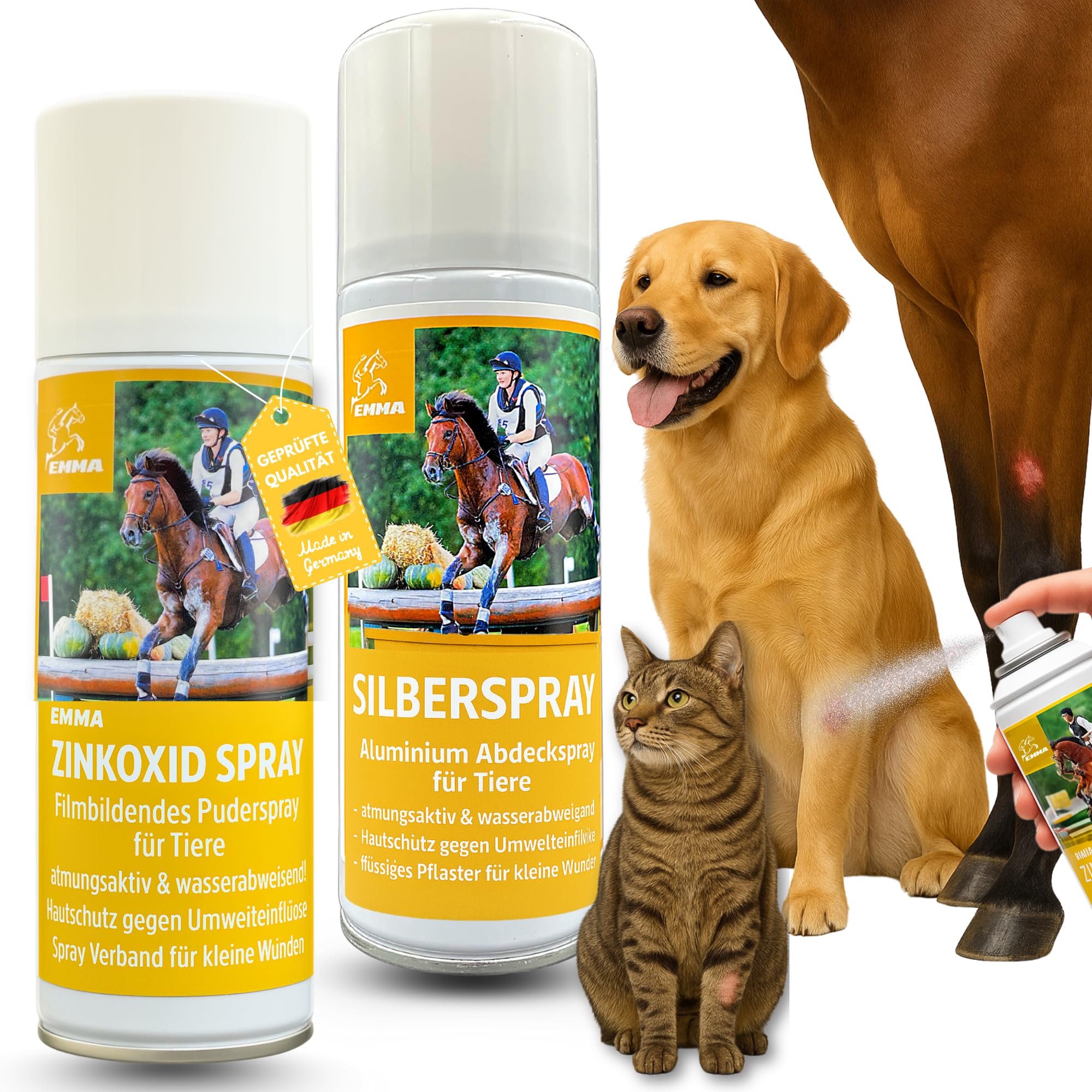 EMMA Silberspray + Zinkspray 2x200 ml für Tiere – Wundspray & Schutzfilm für Hund, Pferd, Katze – Aluminium Spray gegen Schmutz & Feuchtigkeit – Zink Spray für Wundschutz, Juckreiz & Hautpflege