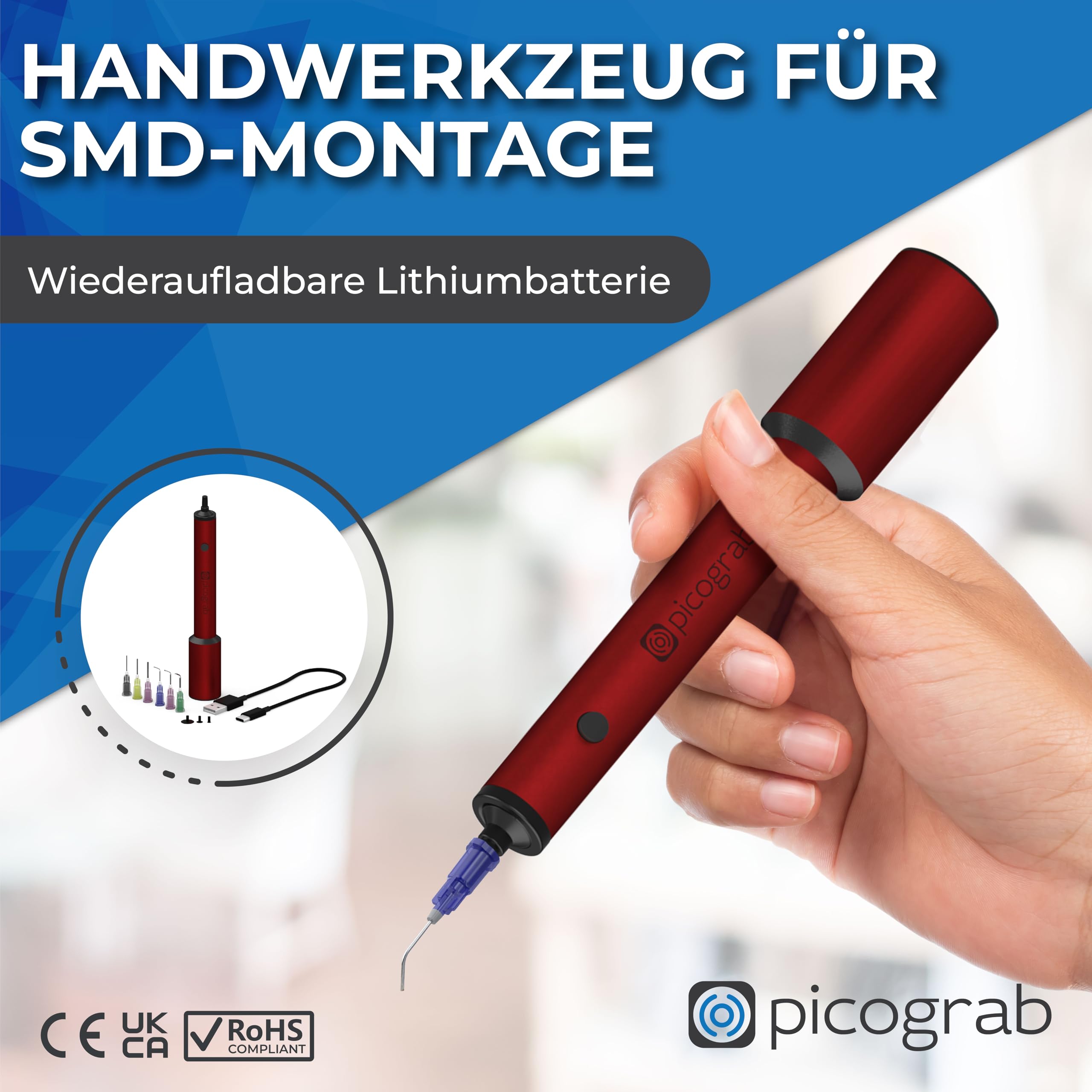Wiederaufladbarer ESD Vakuum Pickup Stift für IC Bauteilbestückung und SMD Chip Rework, mit 3 Saugnäpfen, 6 austauschbaren Düsen, Aluminiumgehäuse, USB-C-Anschluss und bis zu 10 Stunden Akkulaufzeit