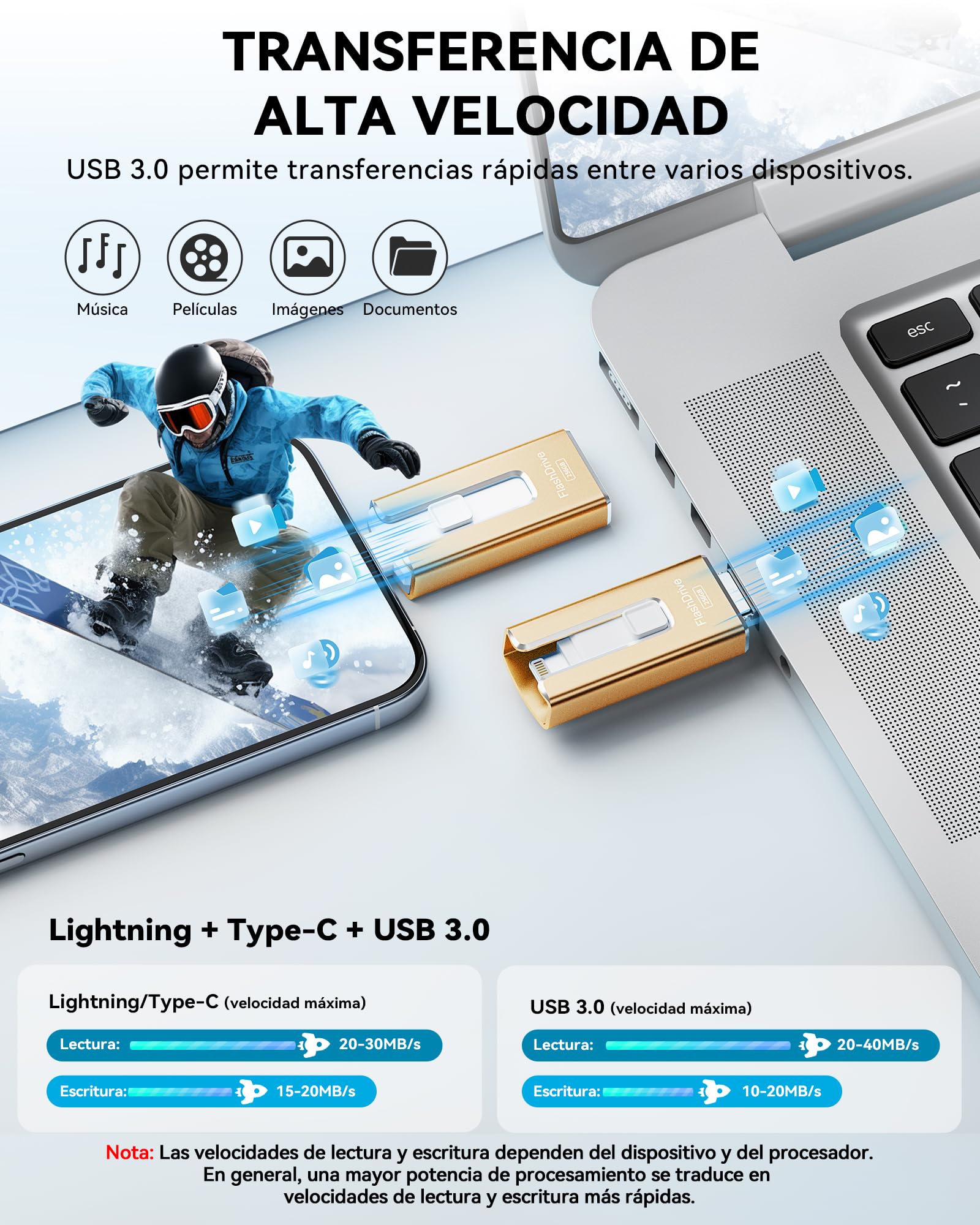 SUDEHO MFi Certified Chiavetta USB per iPhone, 256 GB, 4 in 1, Chiavetta USB Esterna, USB 3.0 Flash Drive per Memorizzare Più Foto Video, USB C Flash Drive per iPad/iOS/Android/Mac/PC, Oro