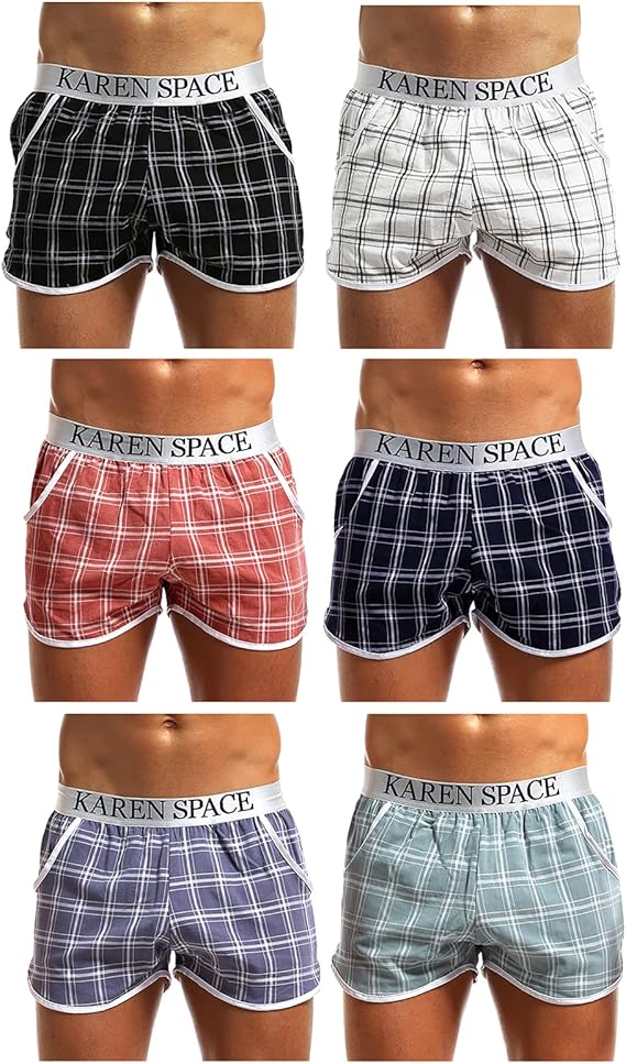 Men's Woven Tartan Boxers Cotton Plaid Boxer Shorts With Pockets
