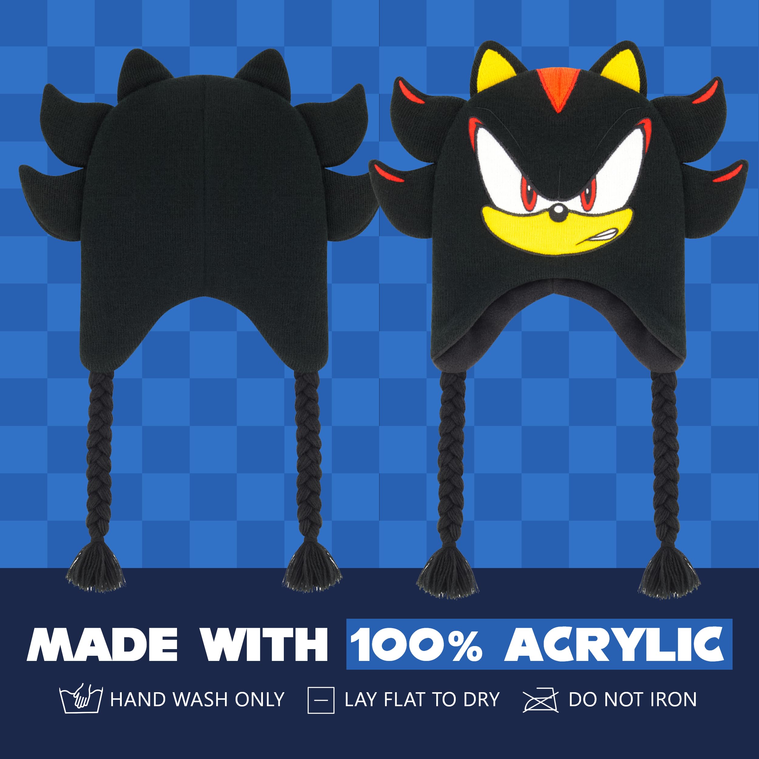 Shadow The Hedgehog czapka beanie, Sonic The Hedgehog Peruwiańska zimowa dzianinowa czapka z uszami 3D i frędzlami, czarna, jeden rozmiar, Czarny, rozmiar uniwersalny