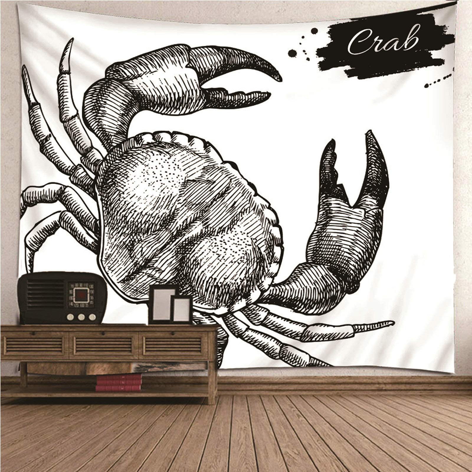 Tapiz de pared con cangrejo de mar, decoración de poliéster para sala, blanco gris, 150x130 cm