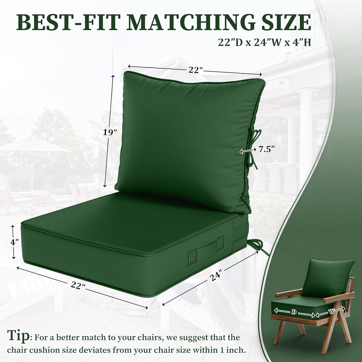 Outdoor Seat Cushion Set 22 L × 24 W × 5 H Inch Waterproof & Fade Resistant Patio Furniture Cushions with Removable Cover with Handle and Straps for Sofa Chairs, Chairs