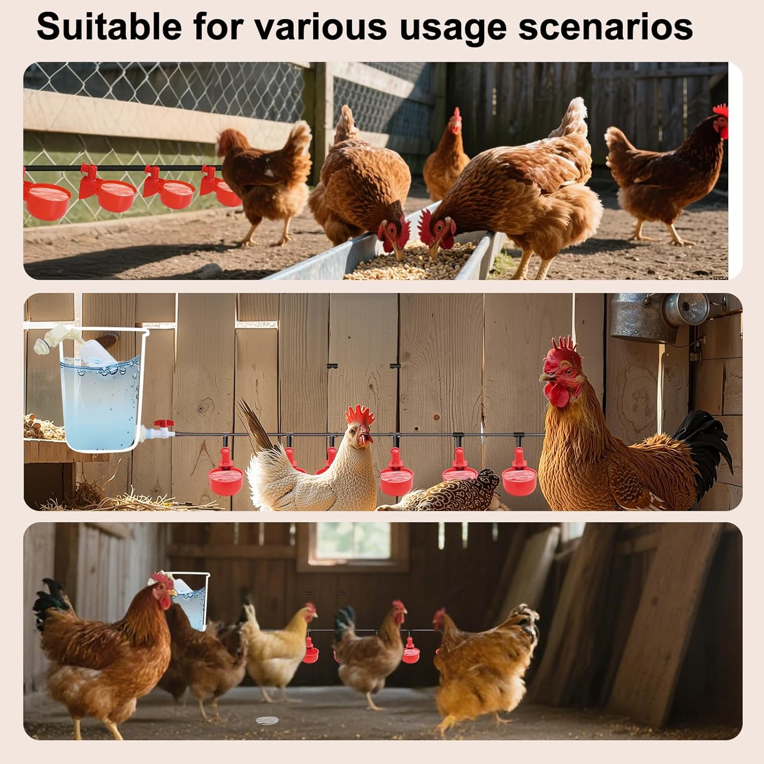 Automatic Chicken Watering System Including 8 Chicken Water Cups, 6 Meters Black Plastic Hose, Other Pipe Accessory, Float Valve Automatically dispenses Water, Making Poultry Feeding Easy