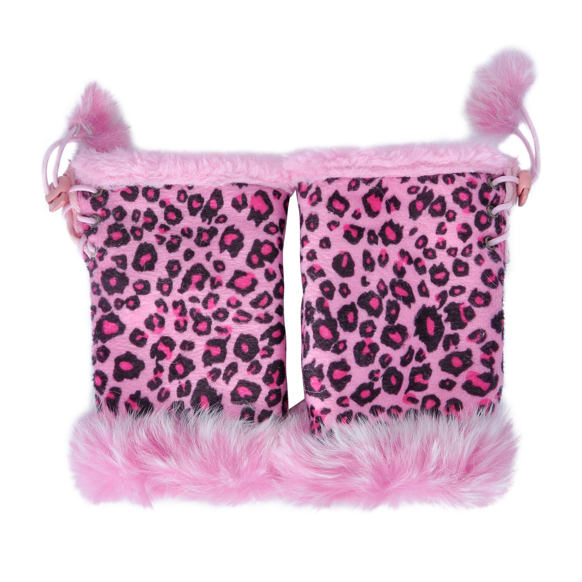 ZLYC Women Teen Classic Winter Warm Rabbit Fur Hands Wrist Fingerless Gloves Mittens For Girls (Leopard Pink)