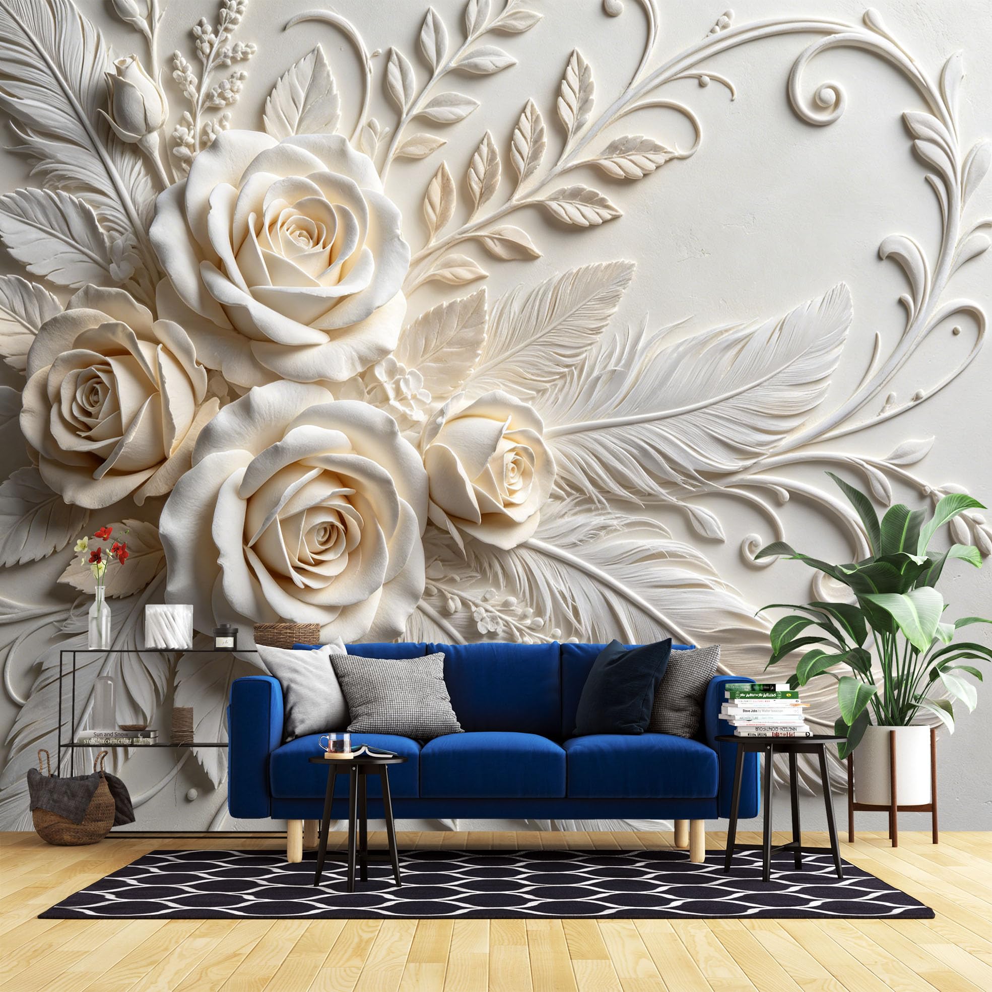 Carta Da Parati per Camera Da Letto con Rose Bianche In Rilievo 3D 500X350 Cm/200X140 Pollici (L X A) Carta Da Parati Decorativa In Tessuto Non Tessuto Grande Murale Floreale Poster Effetto Rilievo