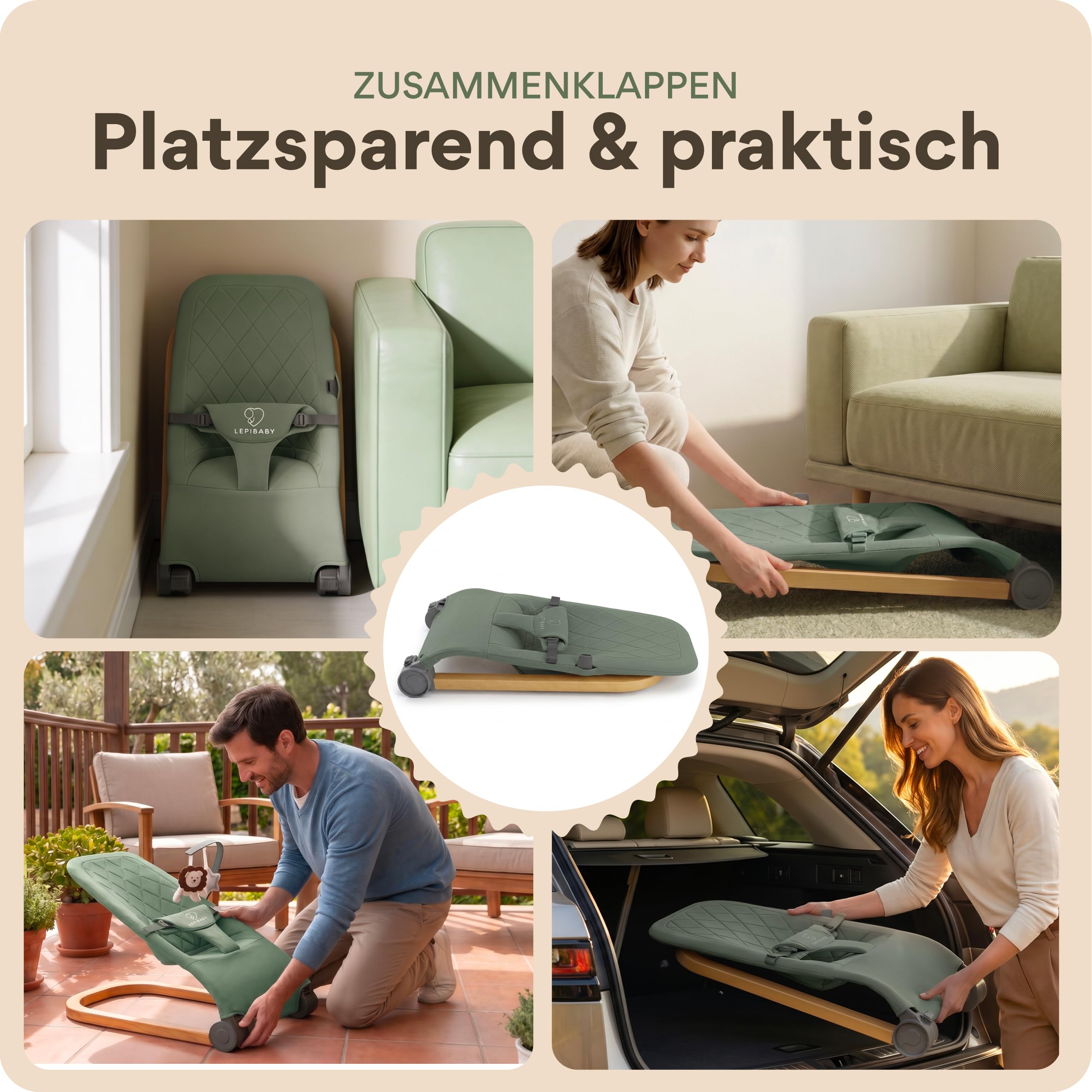 Babywippe Neugeborene, 0 bis 12 Monate, Baby Wippe, Baby Bouncer | Faltbarer Baby Rocker, Babyschaukel mit Spielbogen, Verstellbare Babywiege, Baby Schaukel leicht waschbar, SamiBu Grün