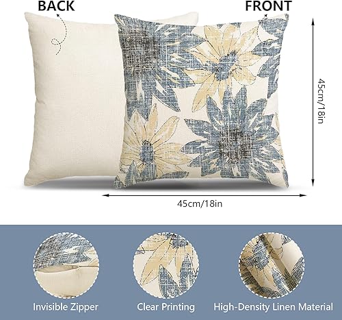 Miniatura 5 de MEHOFOND Juego de 4 fundas de almohada florales azules de 18 x 18 pulgadas, fundas de almohada bohemias con hojas de arte abstracto moderno para