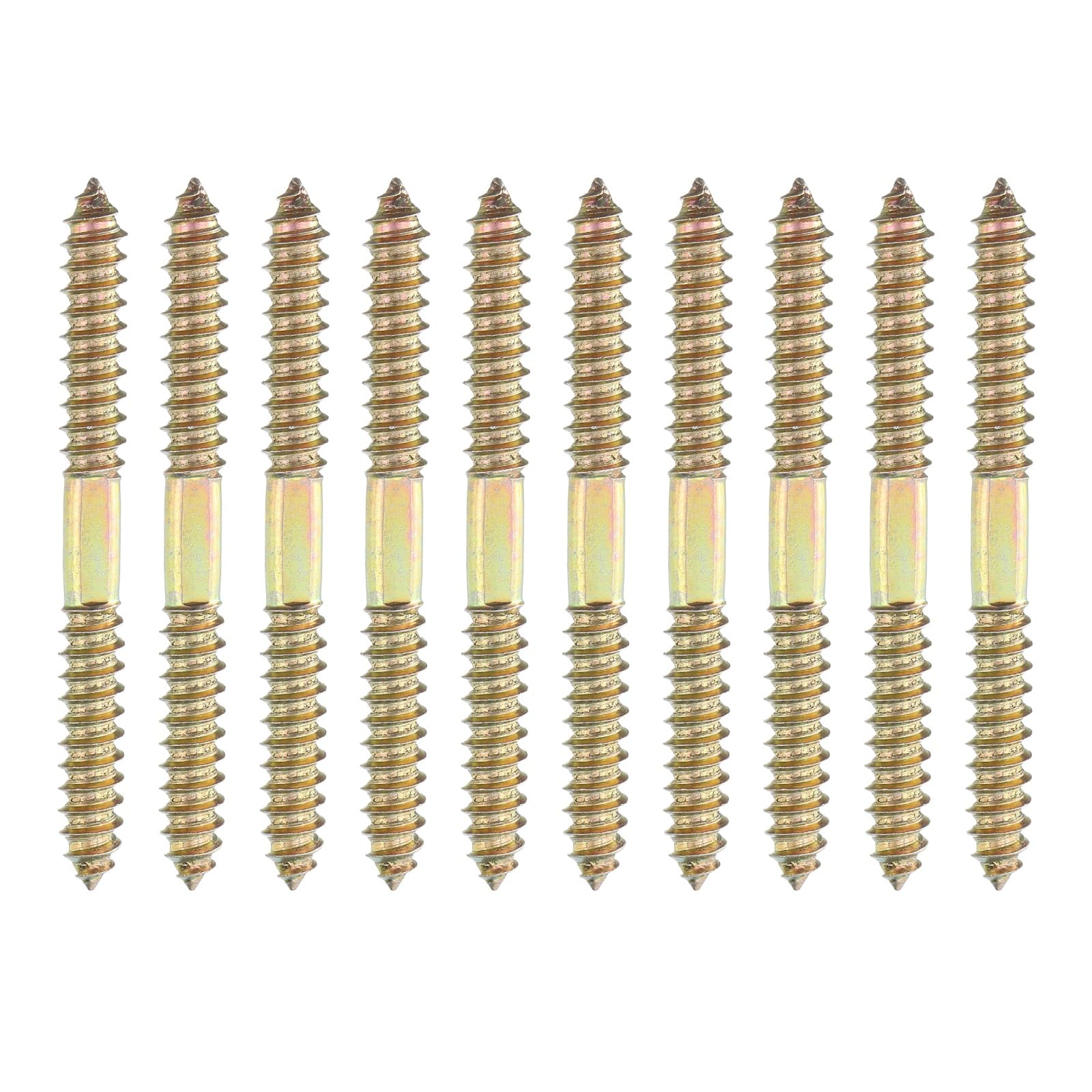sourcing map 10 Pcs Double Ended Screws, M8 x 90 mm Carbon Steel Hanger Bolts, Self-Tapping Wood Dowel Screws for Wood Joint Furniture, Color Zinc