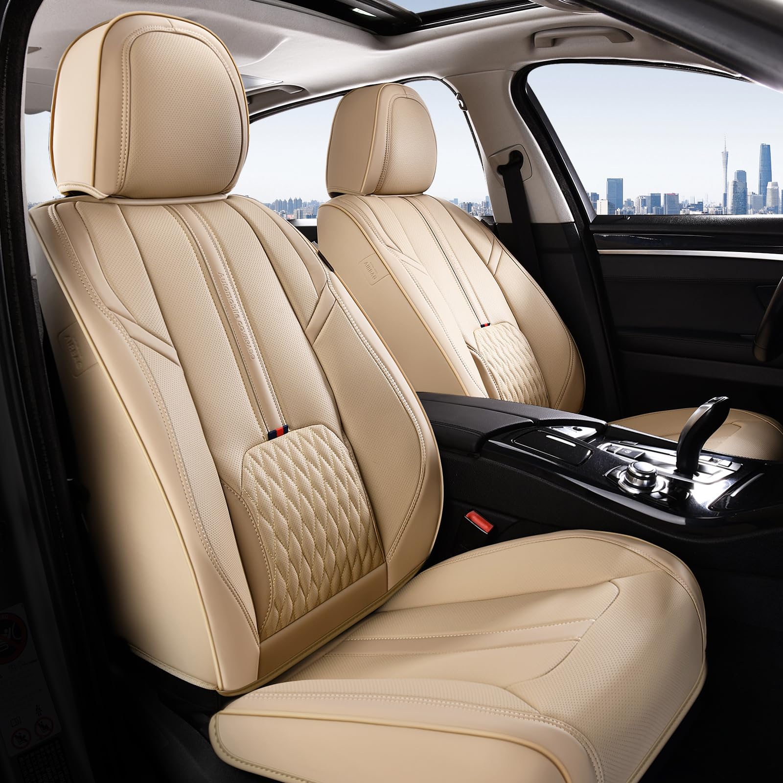 Coverado Car Seat Covers, Front Seat Covers with Lumbar Support, Beige Leather Seat Cover for Cars, Waterproof Car Seat Protector, Automotive Seat Cover Car Seat Cushion Universal Fit for Most Cars