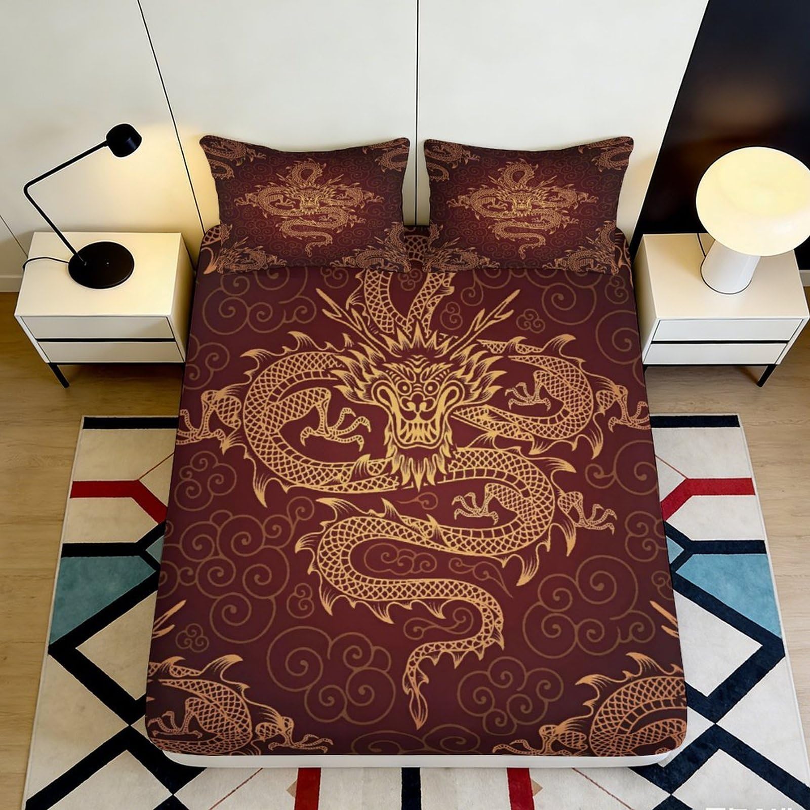 Qjzxknhpgr Style-8 3D Printed Golden Dragon Fitted Sheet Microfiber Anti-Slip Red Oriental Bed Cover For Bedroom Guest Room Decor 90X200x25cm