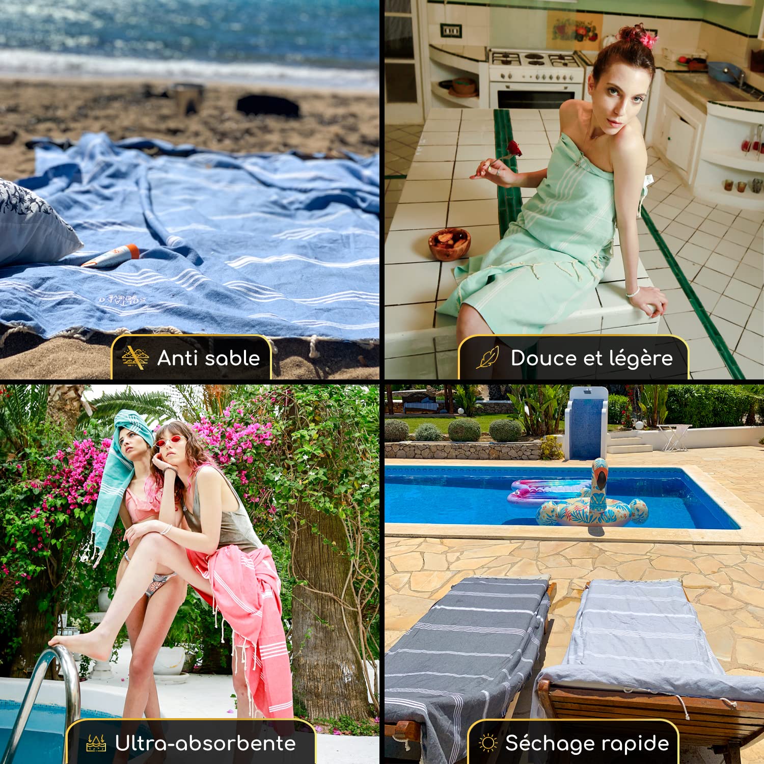 SOLTAKO Fouta Peshtemal - Set de 2 XXL - Serviette Plage Anti Sable - Drap de Bain pour Hammam, Sauna, Yoga, Pique-Nique - Grande Taille 100x200 cm - Drap 2 Personnes