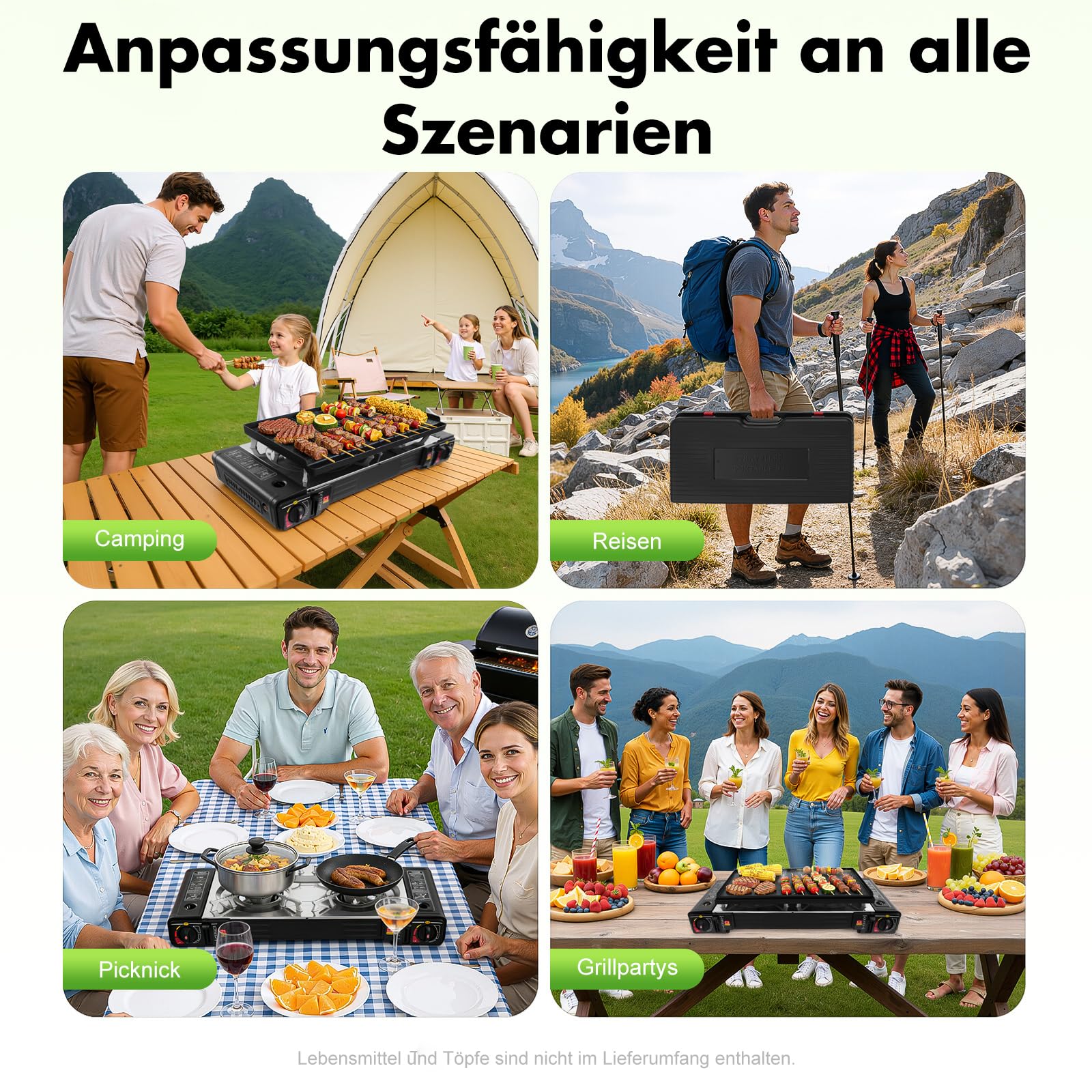 Gaskocher 2-Flammig Campingkocher mit Grillplatte 45x24 cm Gas Kochfeld für Outdoor und Innenräume Doppelbrenner mit Piezozündung für Balkon, Garten, Picknick und Grillen