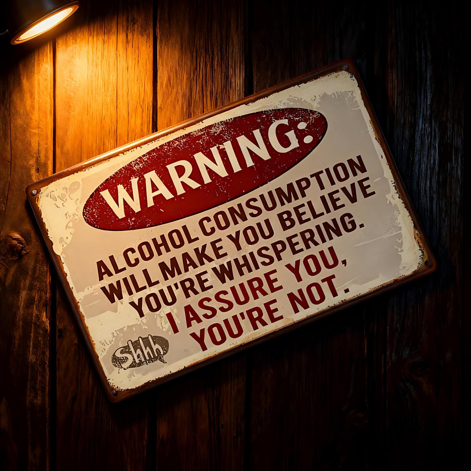 Vintage metal wall plaque featuring humorous drinking quote, adding unique personality to your bar or home pub