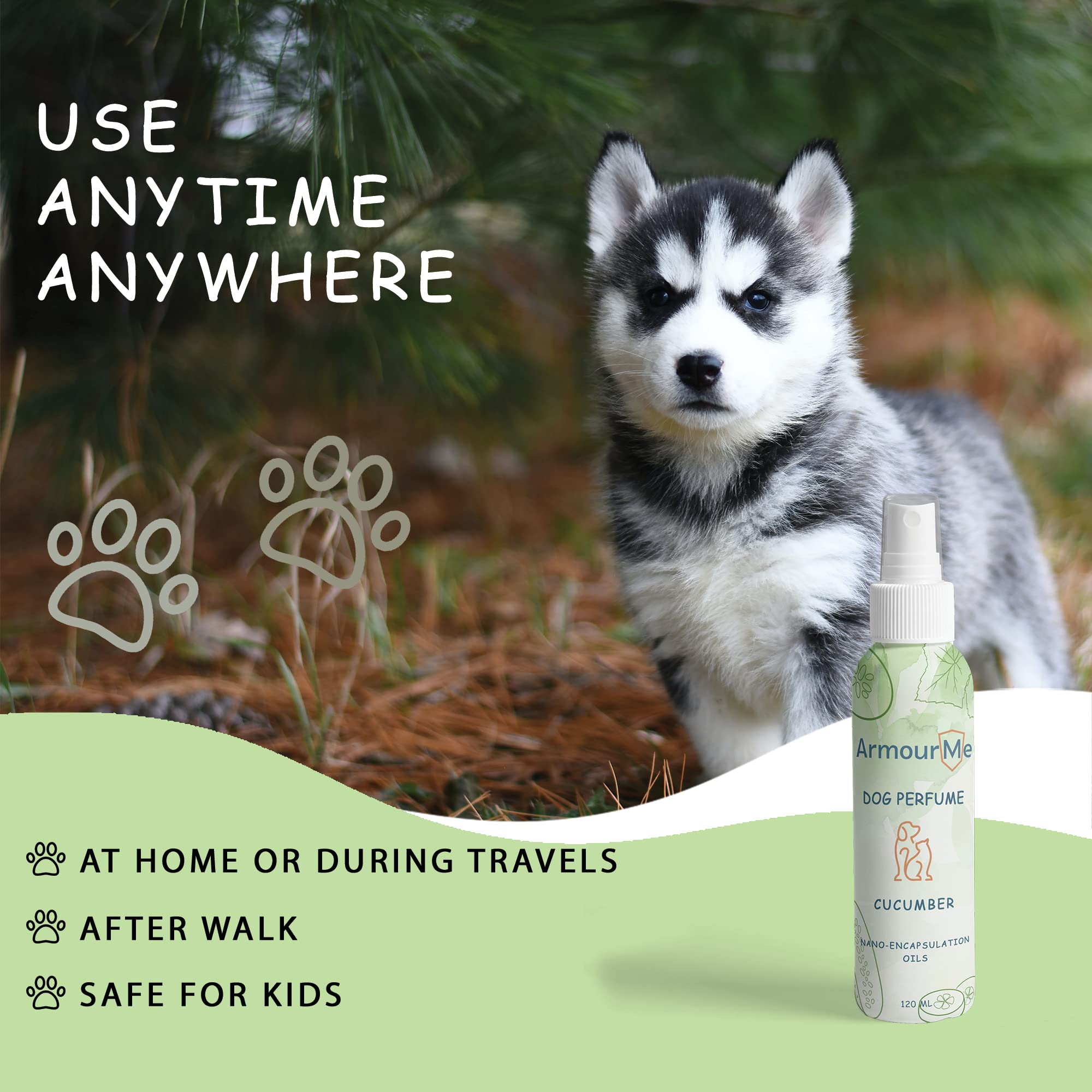 ArmourMe Dog Perfume Spray | Waterbased | Natural Deodorizer for Dogs | Eliminates Dog Odors for Smelly Dogs, pH Balanced, Free from Sulfates and Parabens. (120 ML, Cucumber)