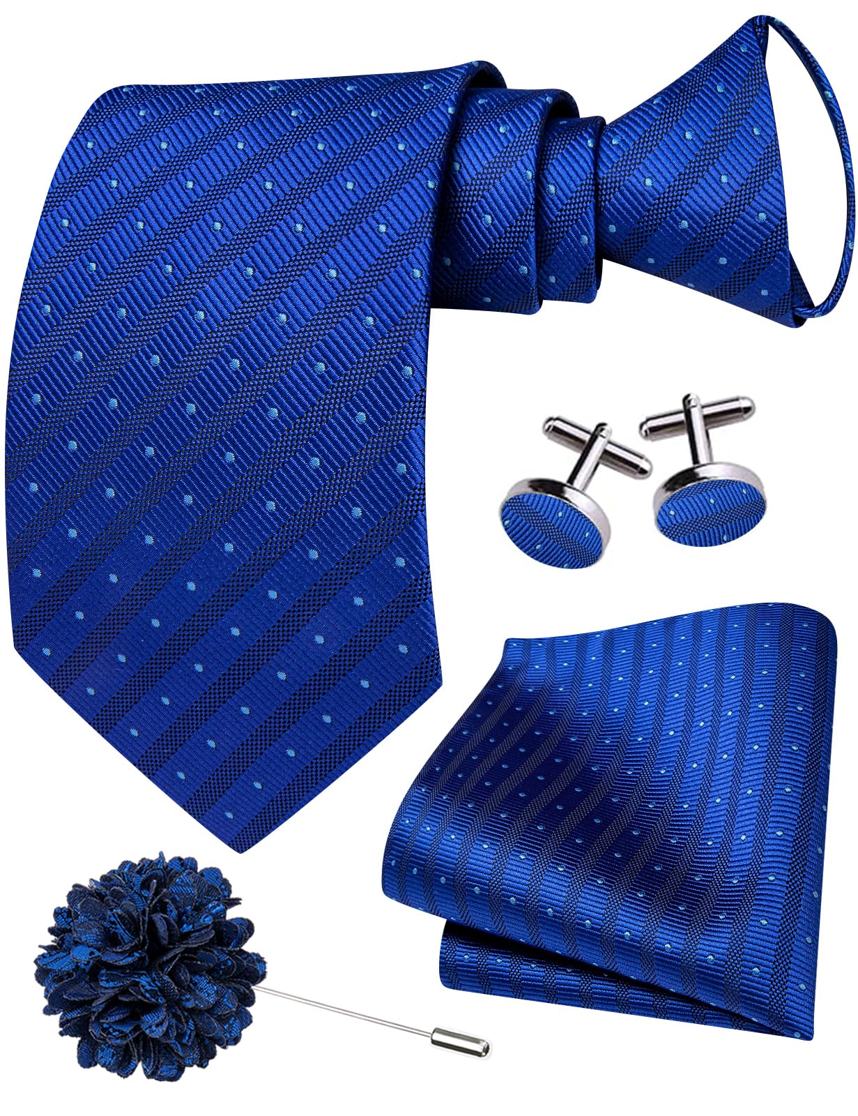 Hi-Tie Zipper Ties for Men Pre-tied Tie Set Lapel Pin Pocket Square and Cufflinks Formal Business Wedding Adjustable Necktie