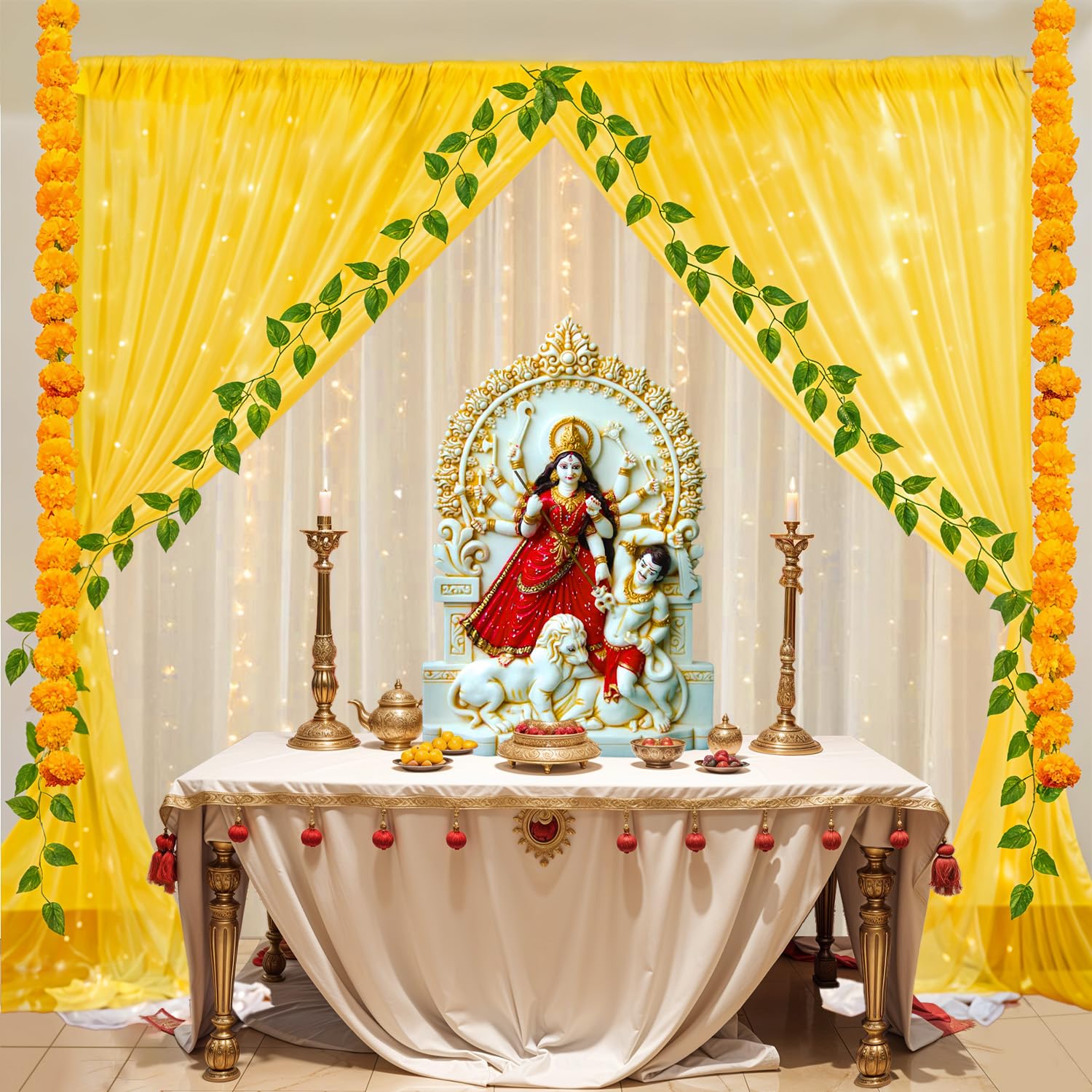 Party Propz Backdrop Cloth for Decoration Pooja with Light, Diwali Decoration for Home Decor, Diwali Decoration Backdrop, Haldi Decorations Items for Home(11Pc)(Net)(Yellow, White)