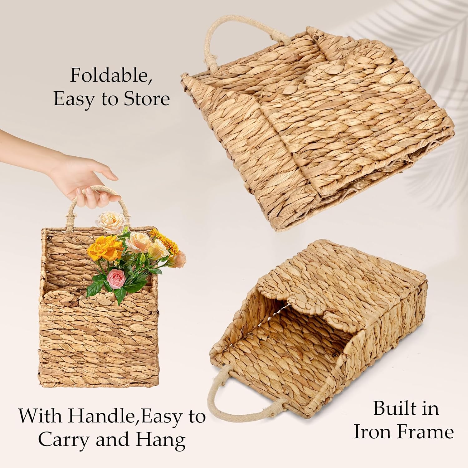 Wicker Hanging Baskets Scalloped Wall Baskets Decor Handmade Woven Hanging Basket Foldable, for Front Door Home Garden Pantry Farmhouse Rustic Decor